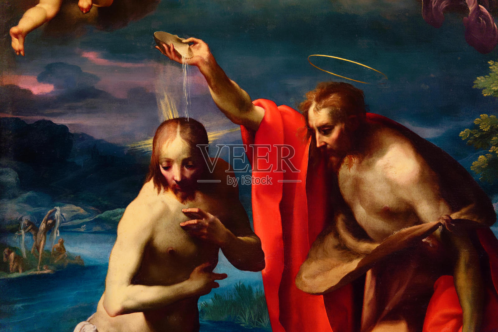 19世纪的画作：施洗约翰在约旦河为耶稣施洗。照片摄影图片