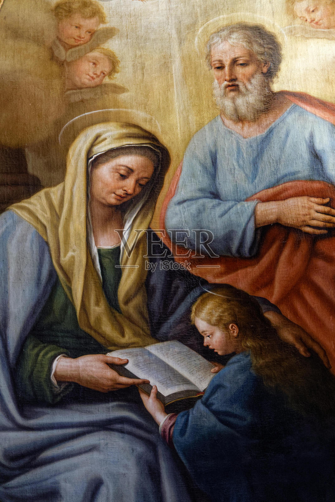 19世纪的画作，描绘年轻的圣母玛利亚与她的父母圣安娜和圣约阿基姆。照片摄影图片
