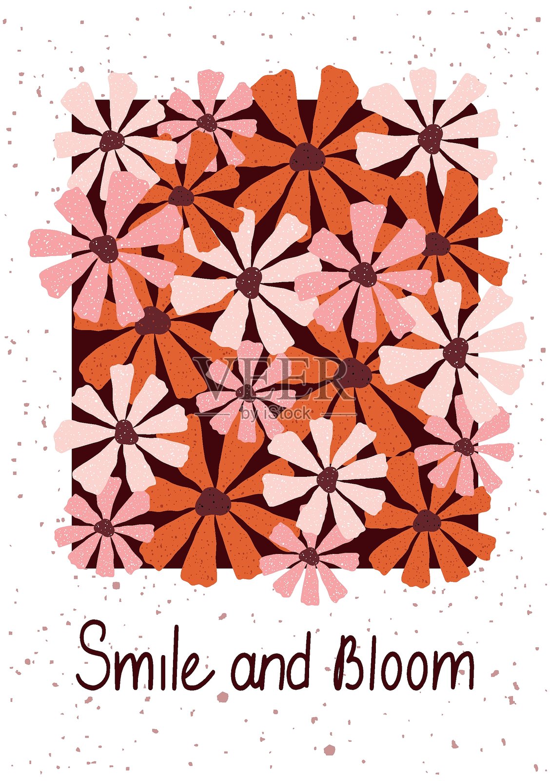 手绘花卉海报，带有粉色和橙色的抽象雏菊以及俏皮的文字“微笑与绽放”。适合儿童的有趣复古风格花卉插图，可用作墙面艺术或印刷品。插画图片素材