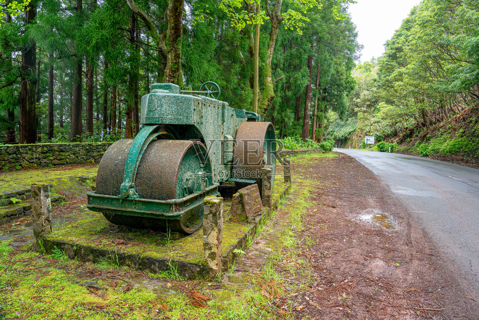 展示在公共道路上的绿色品牌静态圆柱形铺路车辆的详细信息。照片摄影图片