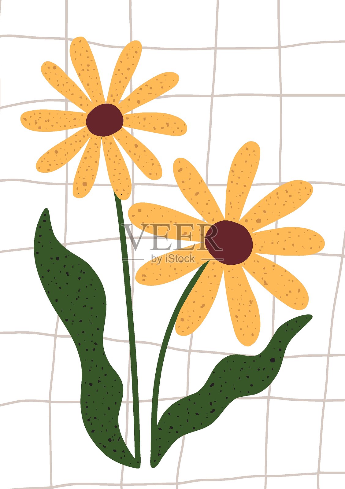 手绘的黄色花朵与绿色叶子，背景为简单的网格图案。插画图片素材