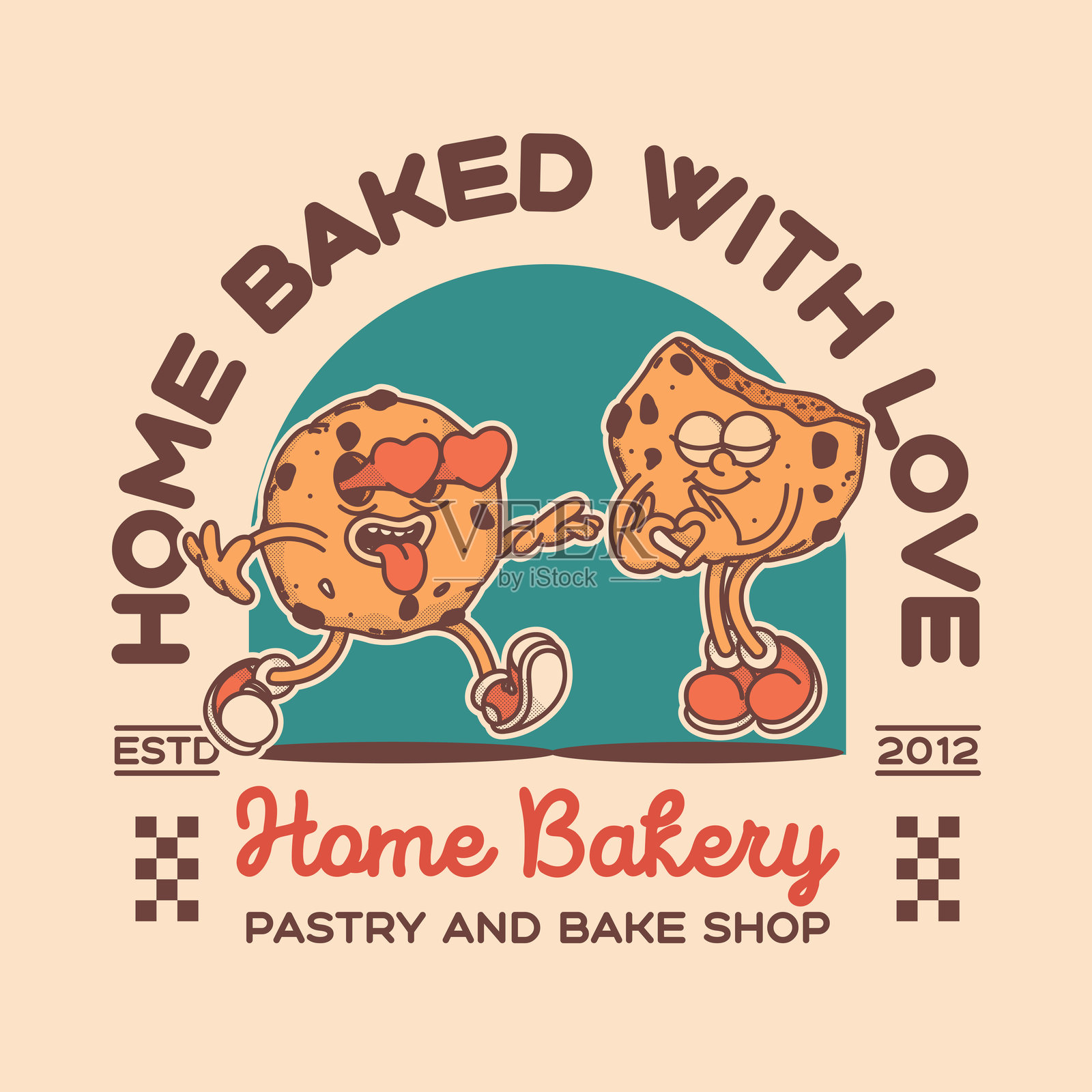 面包店招牌模板。复古饼干吉祥物用于促销横幅传单插画图片素材