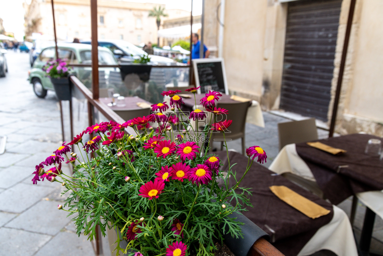 诺托的街头咖啡馆，紫色花朵与经典汽车相映成趣照片摄影图片