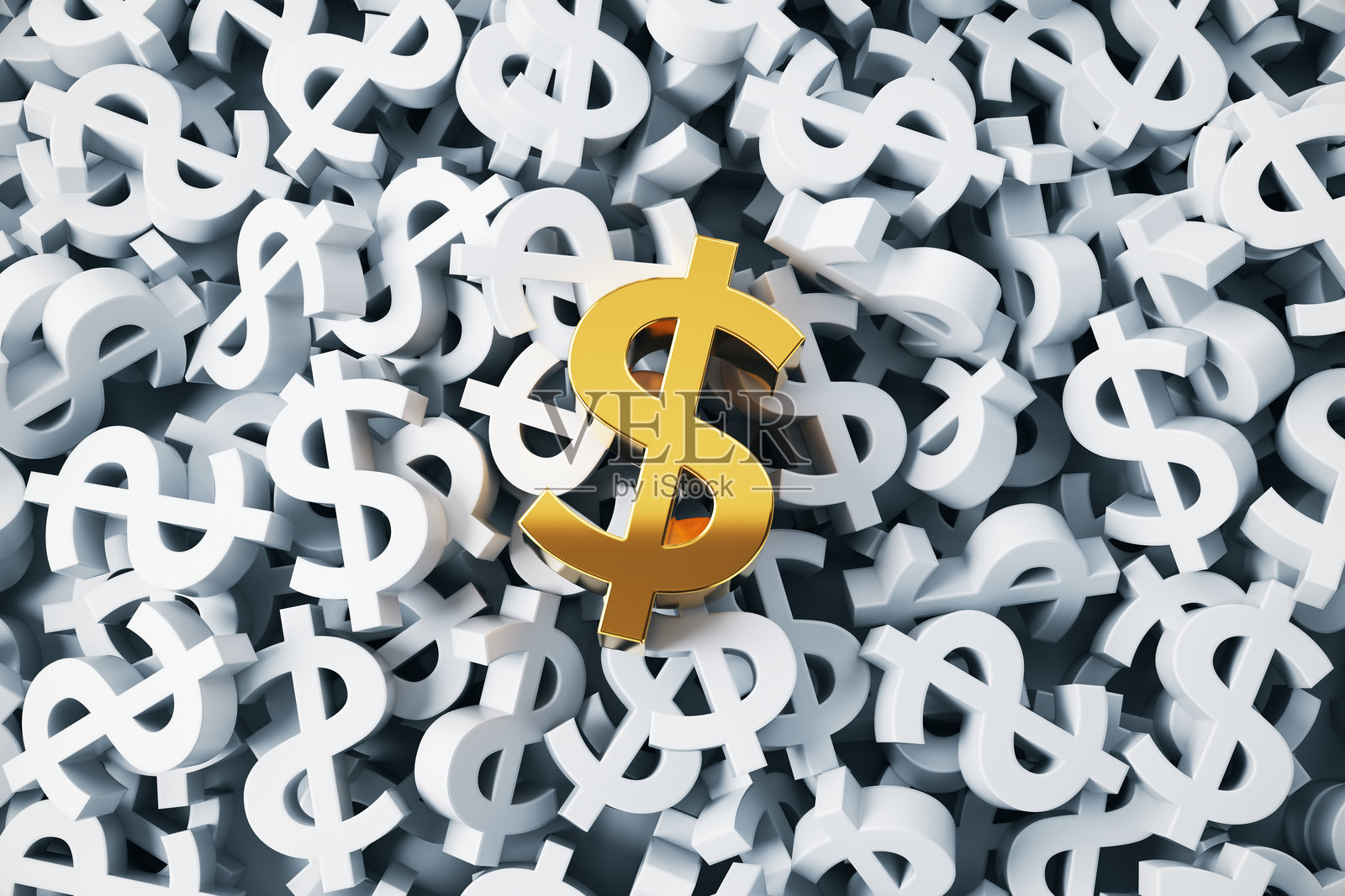 黄色单美元符号在一堆白色美元符号上。照片摄影图片