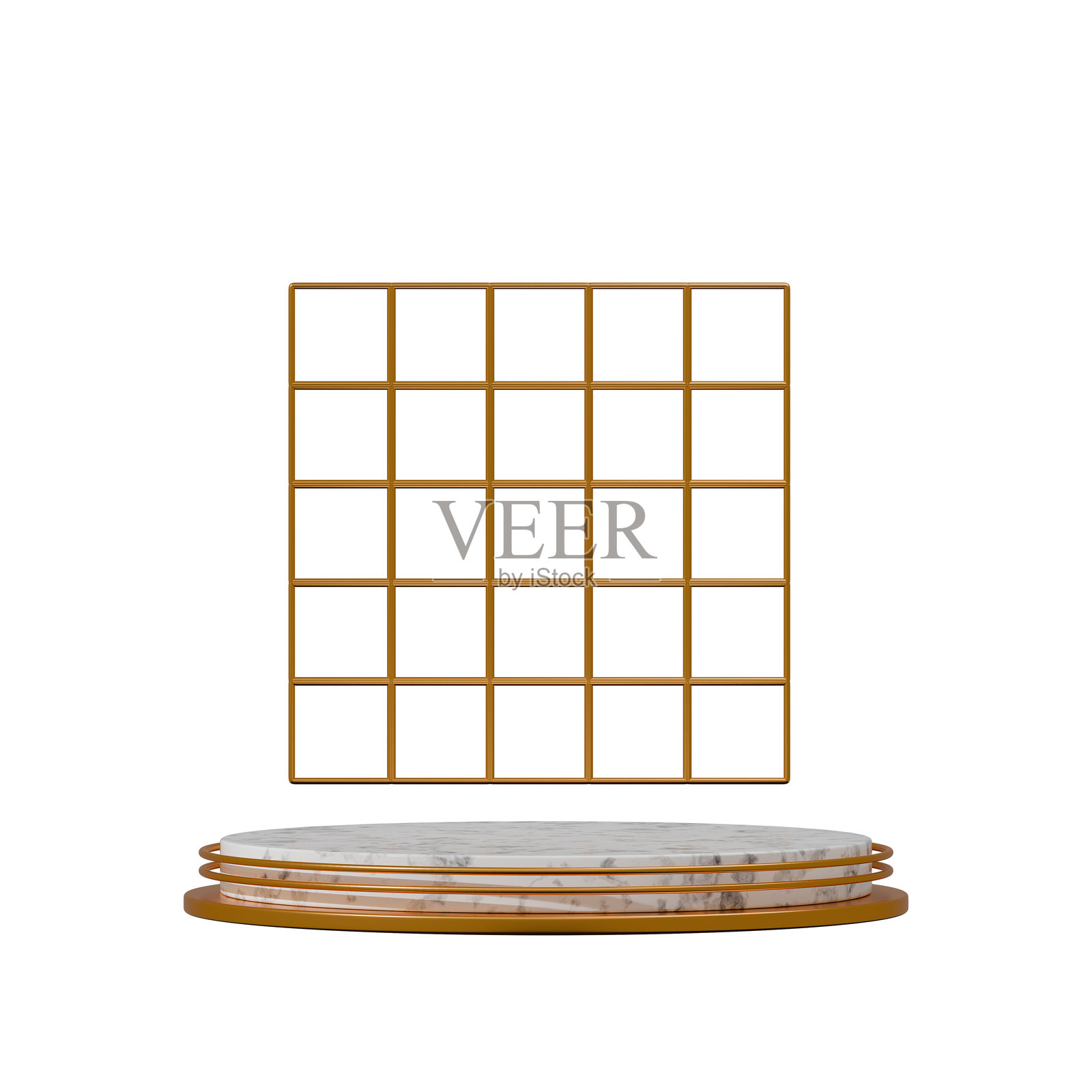 3D图像渲染，透明背景的圆柱形大理石展台，带有金色网格和环形装饰的方形底座照片摄影图片