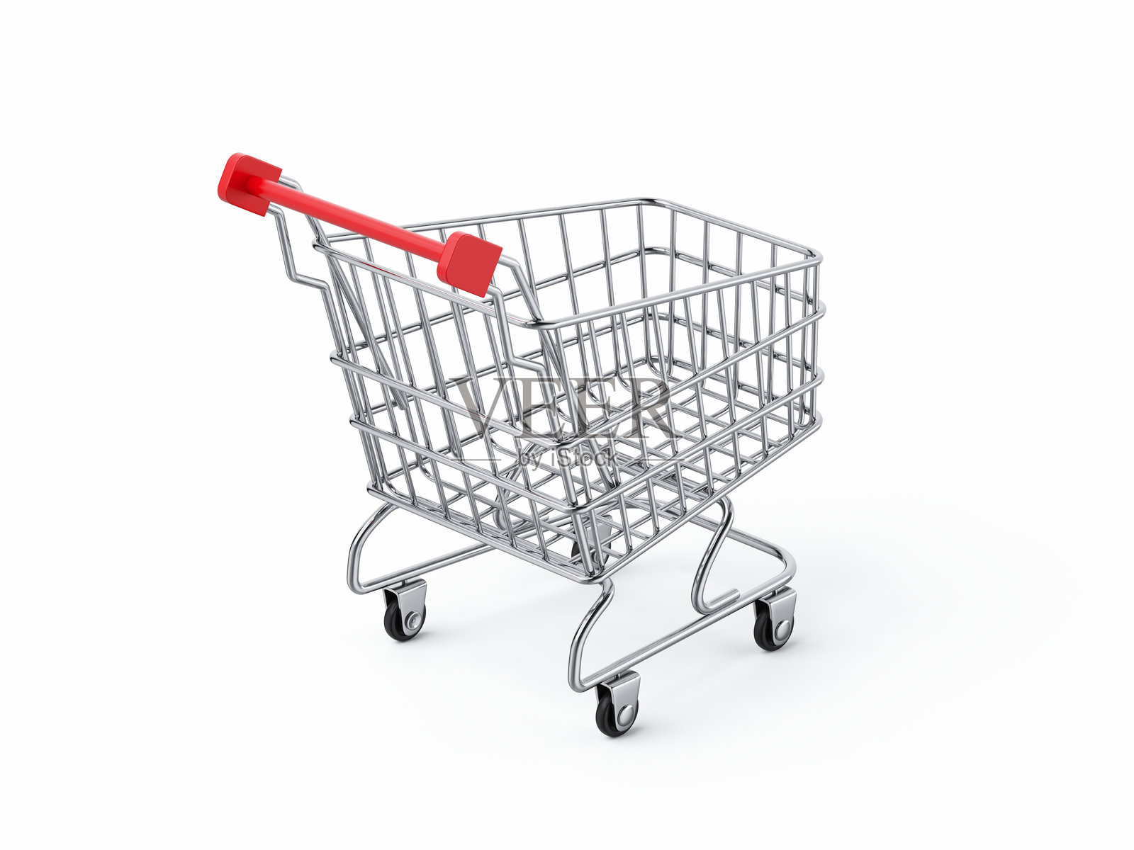 空的红色塑料彩色金属购物车，孤立在白色背景上（物体+阴影剪辑）照片摄影图片