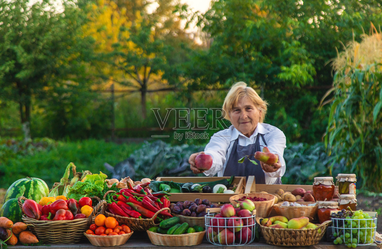 老年农妇在农贸市场出售蔬菜和水果。选择性对焦。照片摄影图片