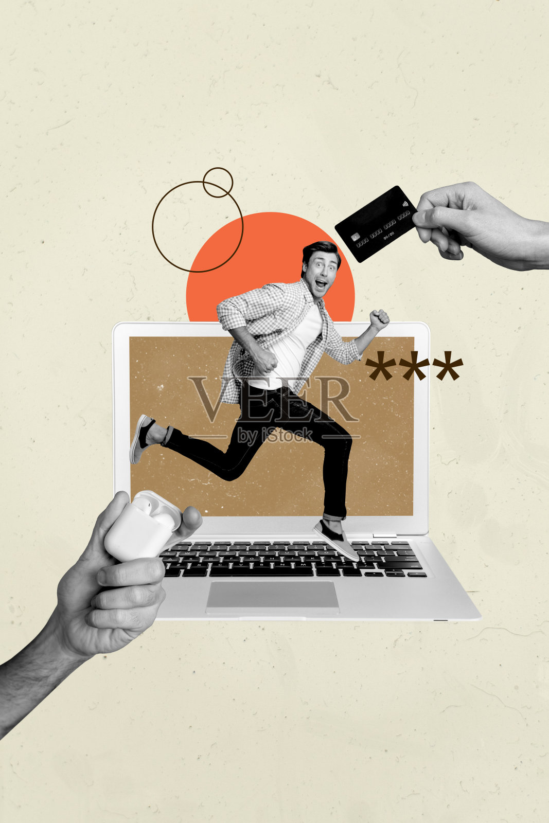 创意艺术拼贴，人物在淡色背景下跑步坐着，手持笔记本电脑屏幕显示付款信息。照片摄影图片