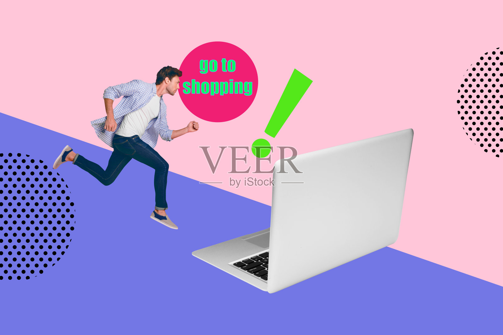 3D海报图像，充满波普艺术风格的拼贴画，快乐的女孩和男孩站在笔记本电脑旁，感叹号，黑色星期五促销，顾客上瘾。照片摄影图片