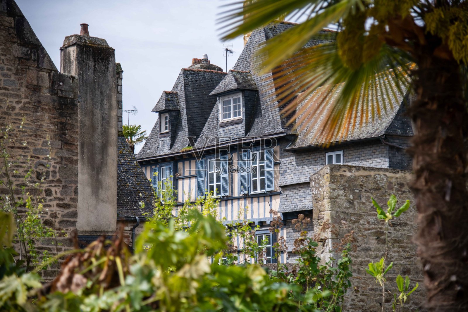 从异国情调花园看到的基昂佩尔老城的半木结构建筑照片摄影图片