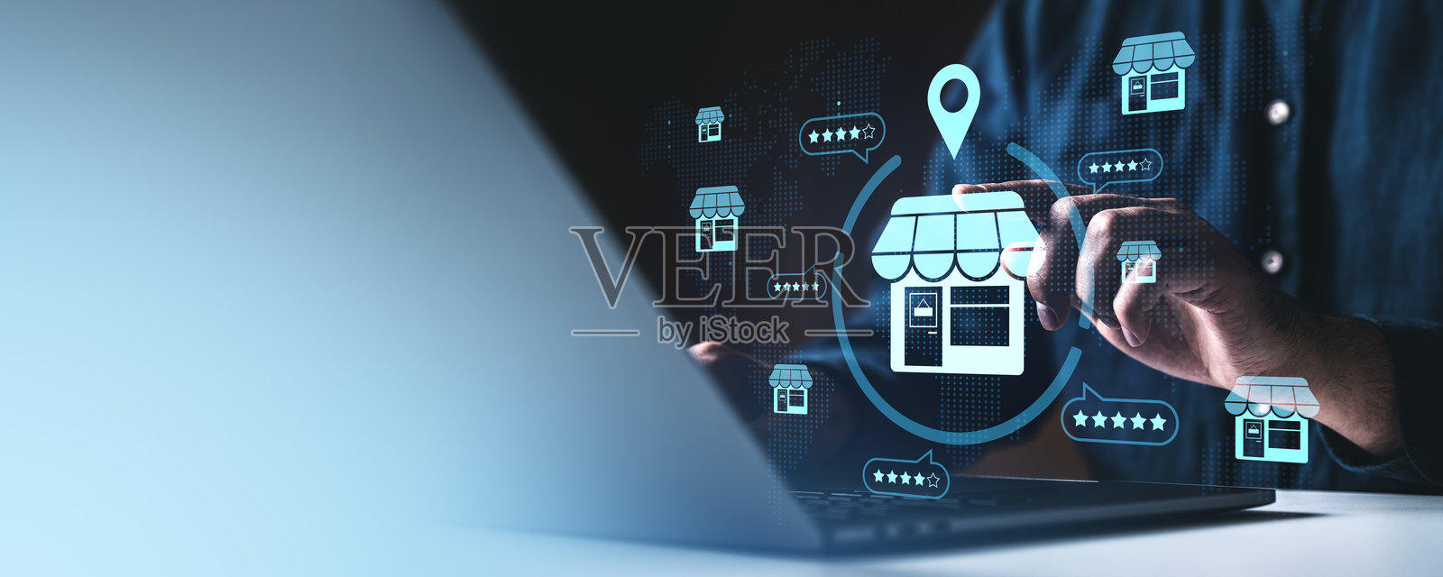 特许经营网络和在线商店评级概念，带有数字界面图标。照片摄影图片