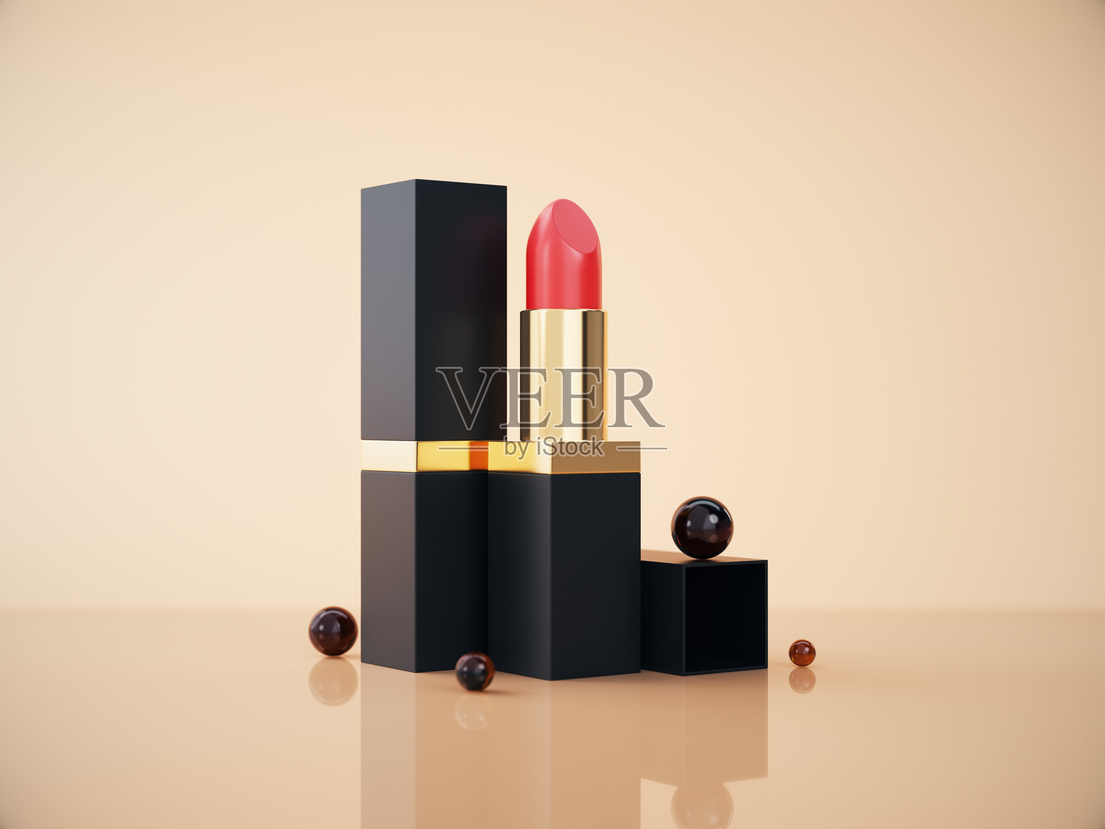 黄色背景上的红色口红特写照片摄影图片