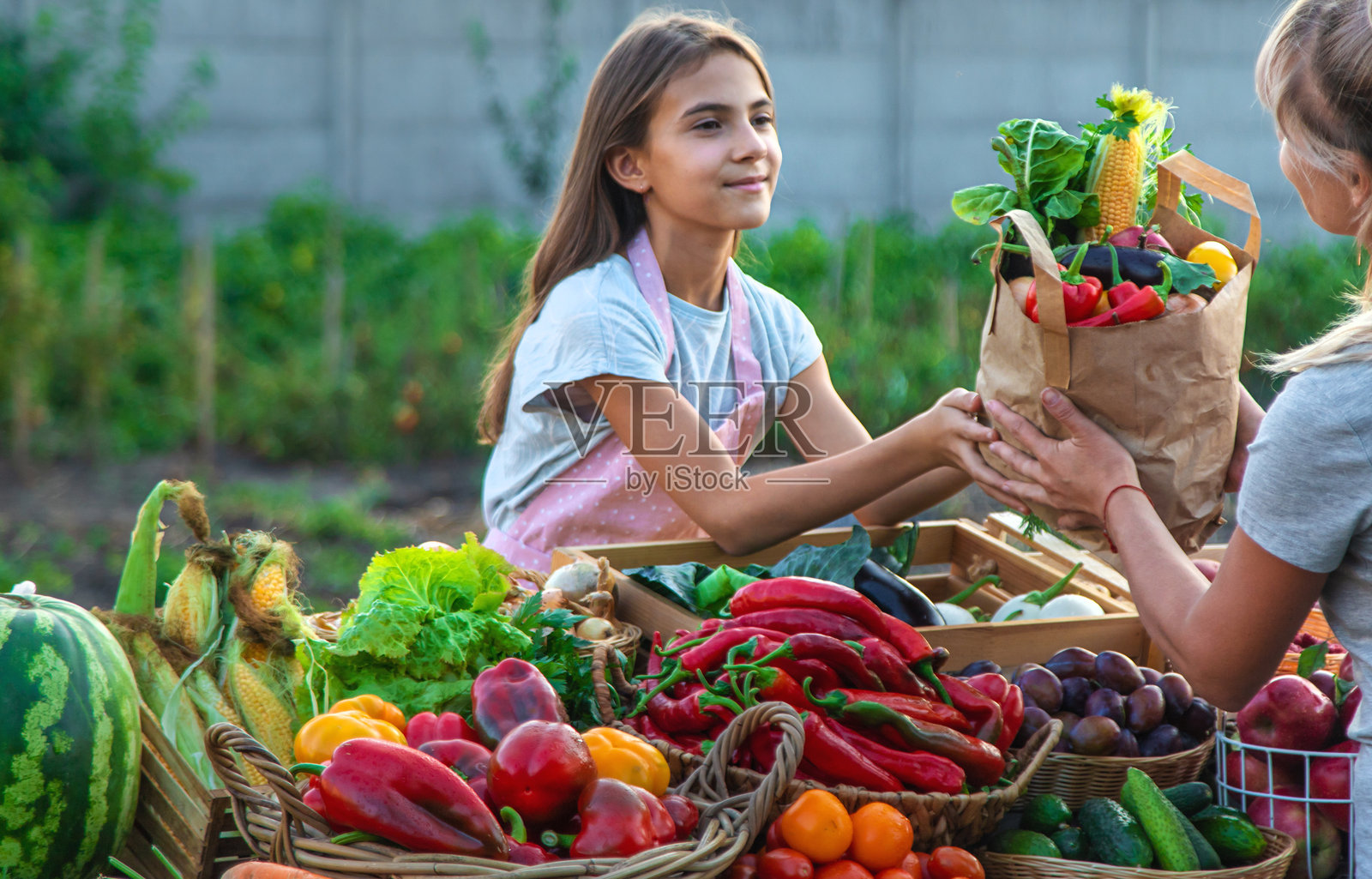 一个孩子在农贸市场出售蔬菜和水果。选择性对焦。照片摄影图片