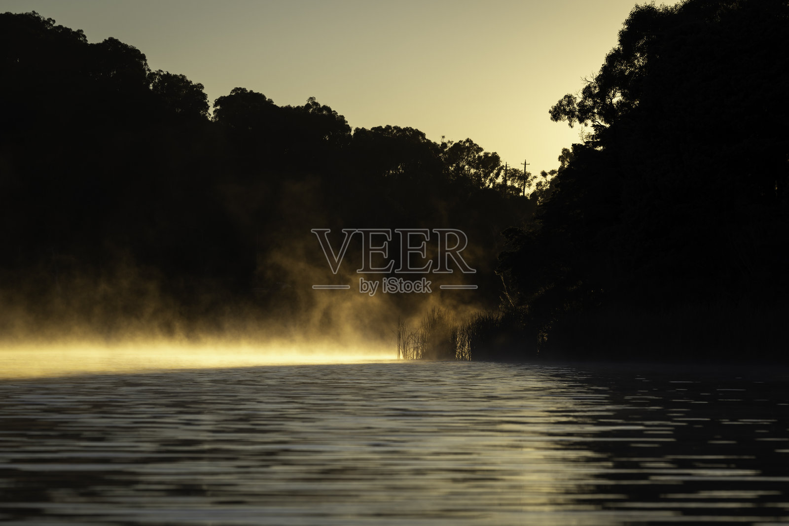 2025年5月，堪培拉ACT的伯利·格里芬湖上，晨光透过薄雾。照片摄影图片