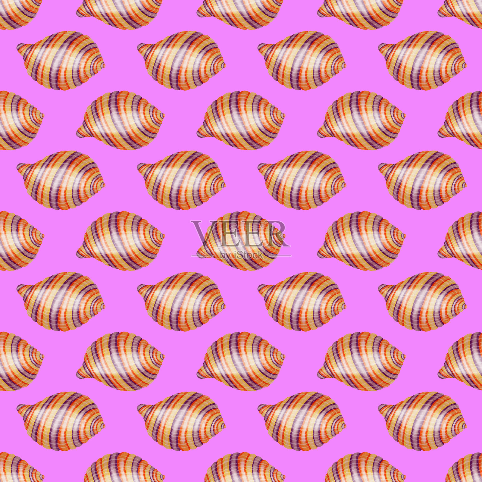 水彩海贝壳无缝图案。手绘贝壳纹理海洋背景。水彩海洋插图。适用于壁纸、面料、纺织品、封面、包装纸、横幅、明信片的印刷。海滩插画图片素材