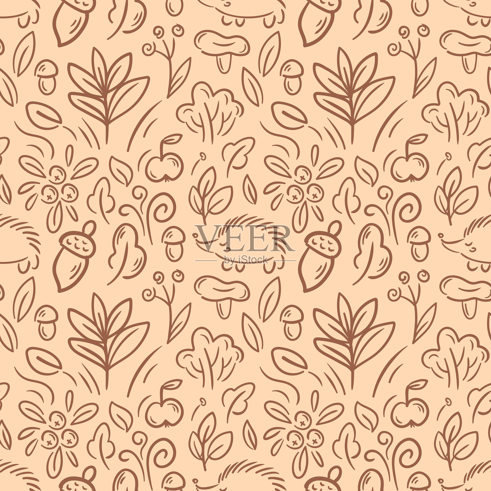 无缝图案展示了如刺猬、植物、蘑菇和橡果等奇幻手绘元素，背景为柔和的米色。这一迷人的设计散发出一种充满趣味的自然灵感氛围。插画图片素材