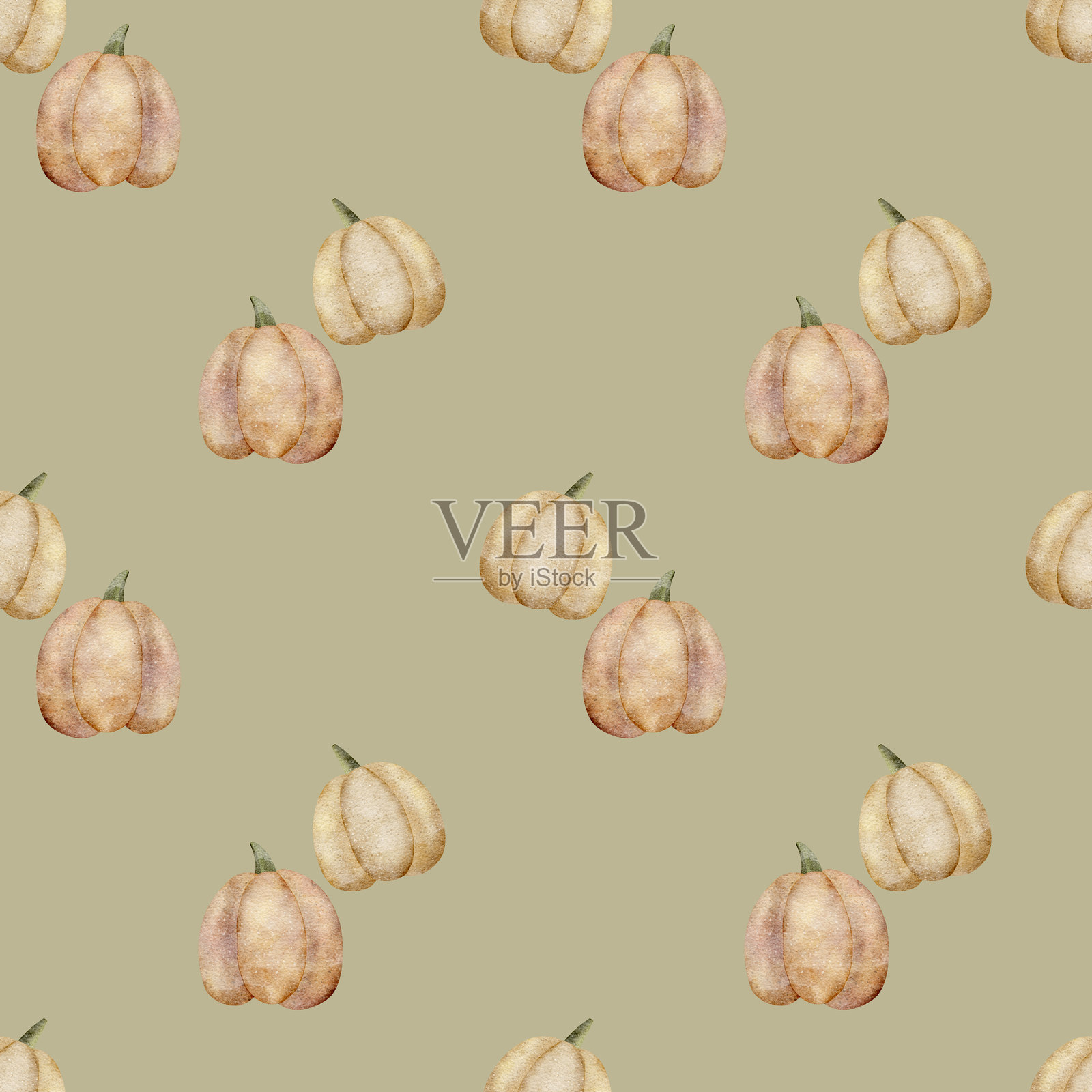 可爱的橙色南瓜图案。水彩插图，秋季收获的蔬菜，手绘童趣风格，适用于淡绿色背景的无缝印刷，适合纺织品、壁纸、包装和服装。插画图片素材