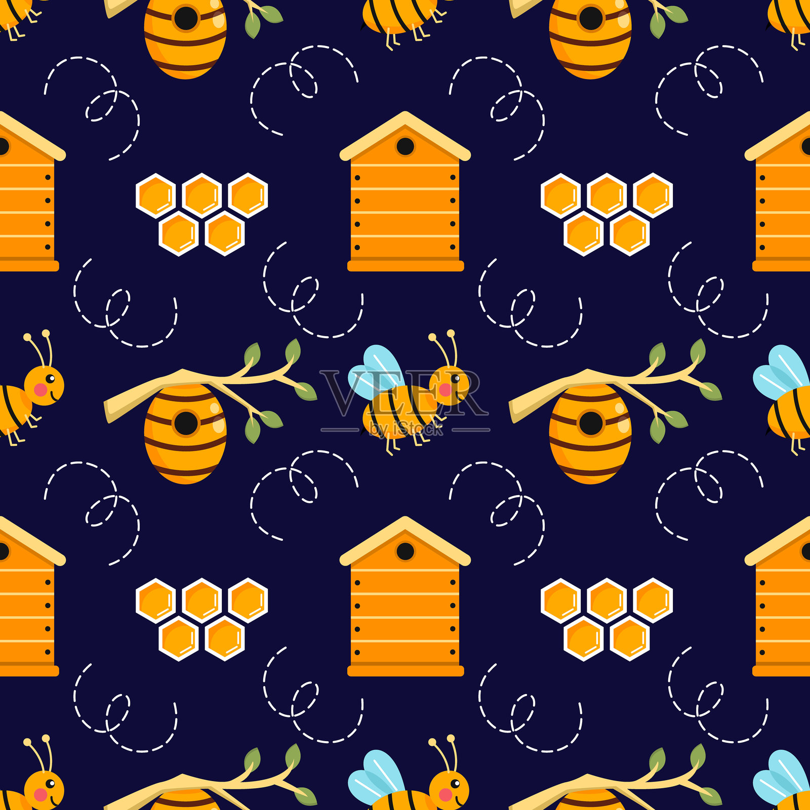 蓝色无缝图案，主题为蜂蜜和养蜂。适用于缝制衣物或印刷面料的背景。蜜蜂、蜂巢和蜂窝。插画图片素材