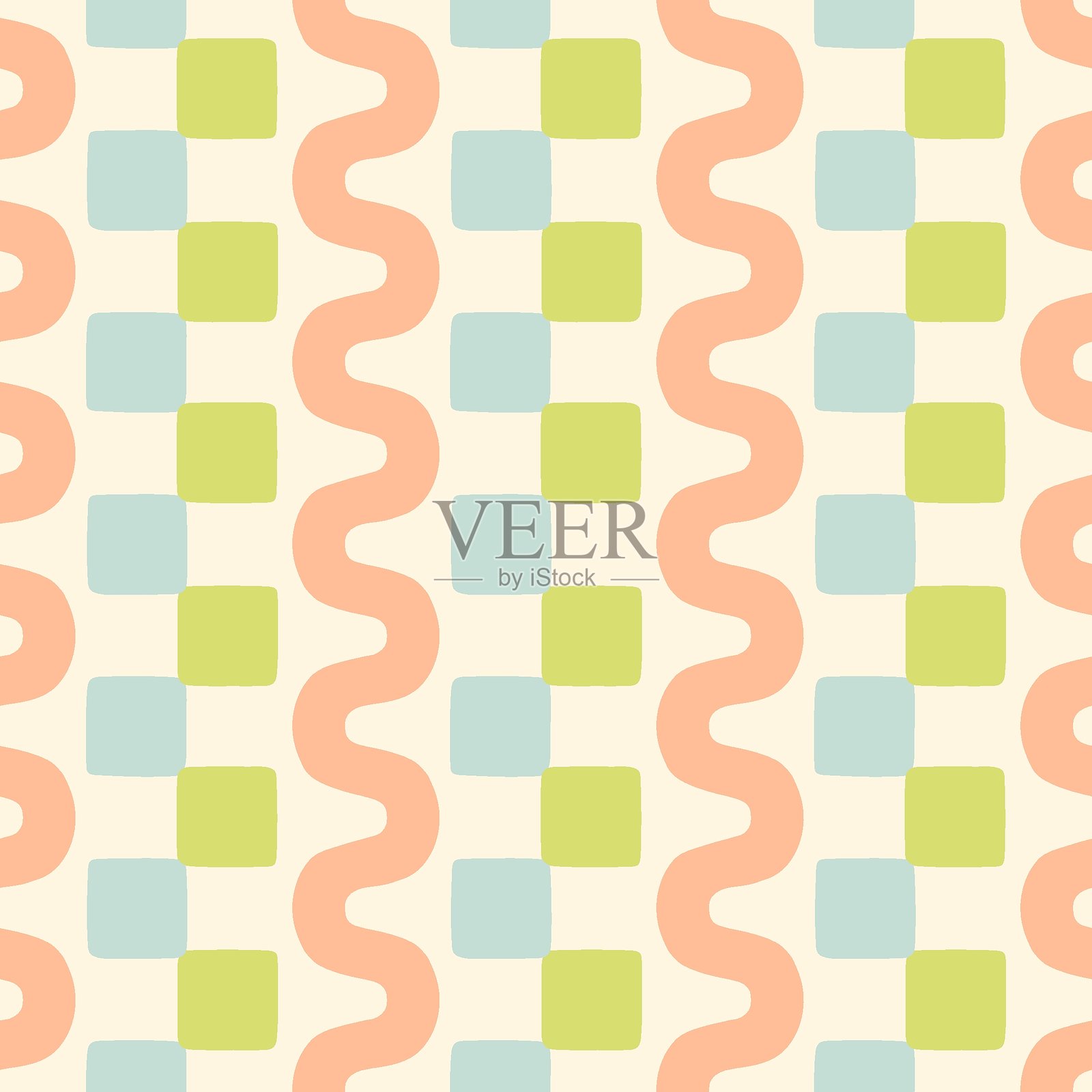 手绘抽象几何条纹无缝图案。方格和波浪线背景。柔和色调的几何边框印刷。插画图片素材