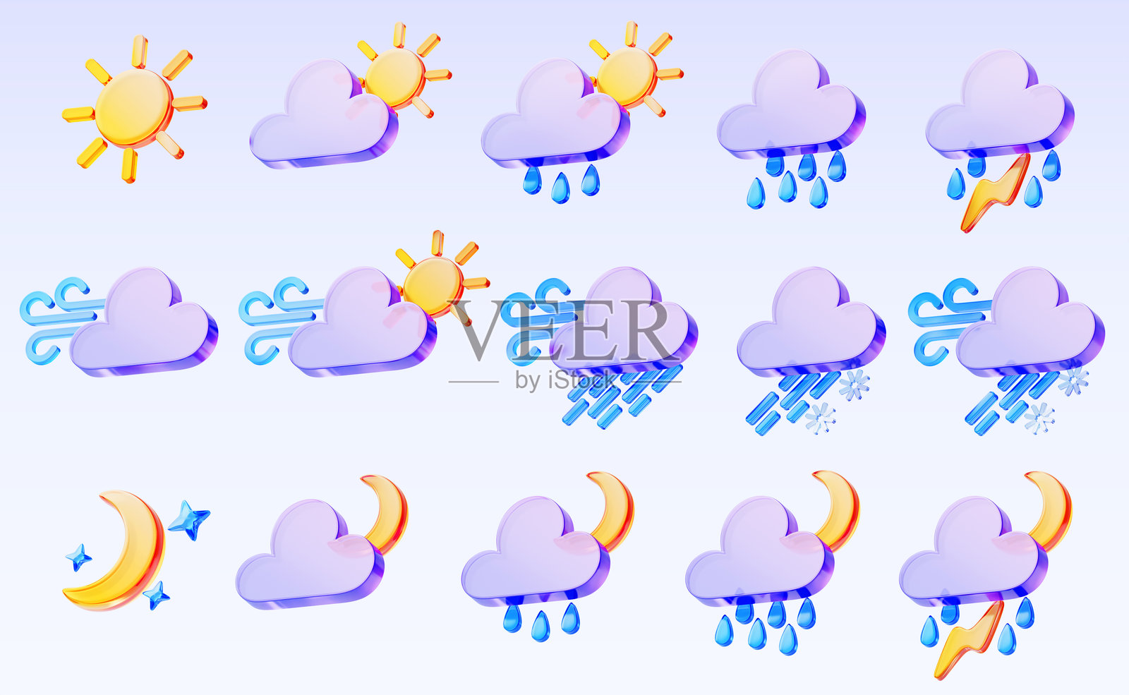 3D天气预报小部件图标。渲染一组太阳、月亮和星星。玻璃全息云朵，包含风、雨、雷暴、闪电、风暴、降雨和雪，用于气象应用。照片摄影图片
