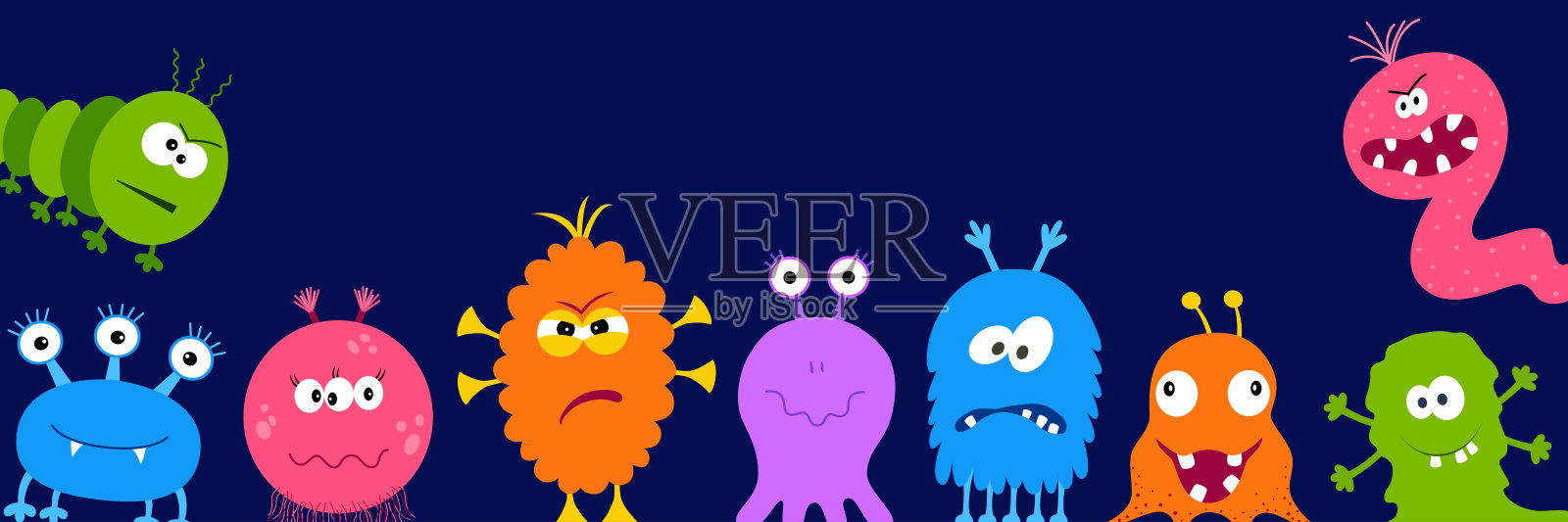 色彩斑斓的幽默和恐怖怪物图标剪影。插画图片素材