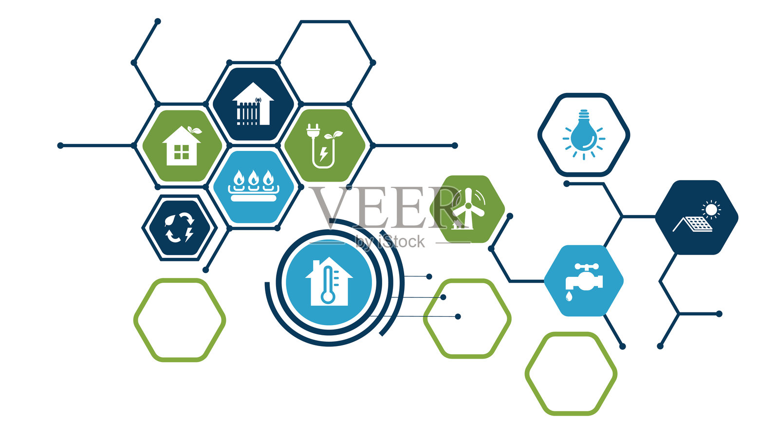 节能和家庭能源矢量插图。绿色概念，包含降低能源成本、提高能源效率、调整温控温度的图标。插画图片素材