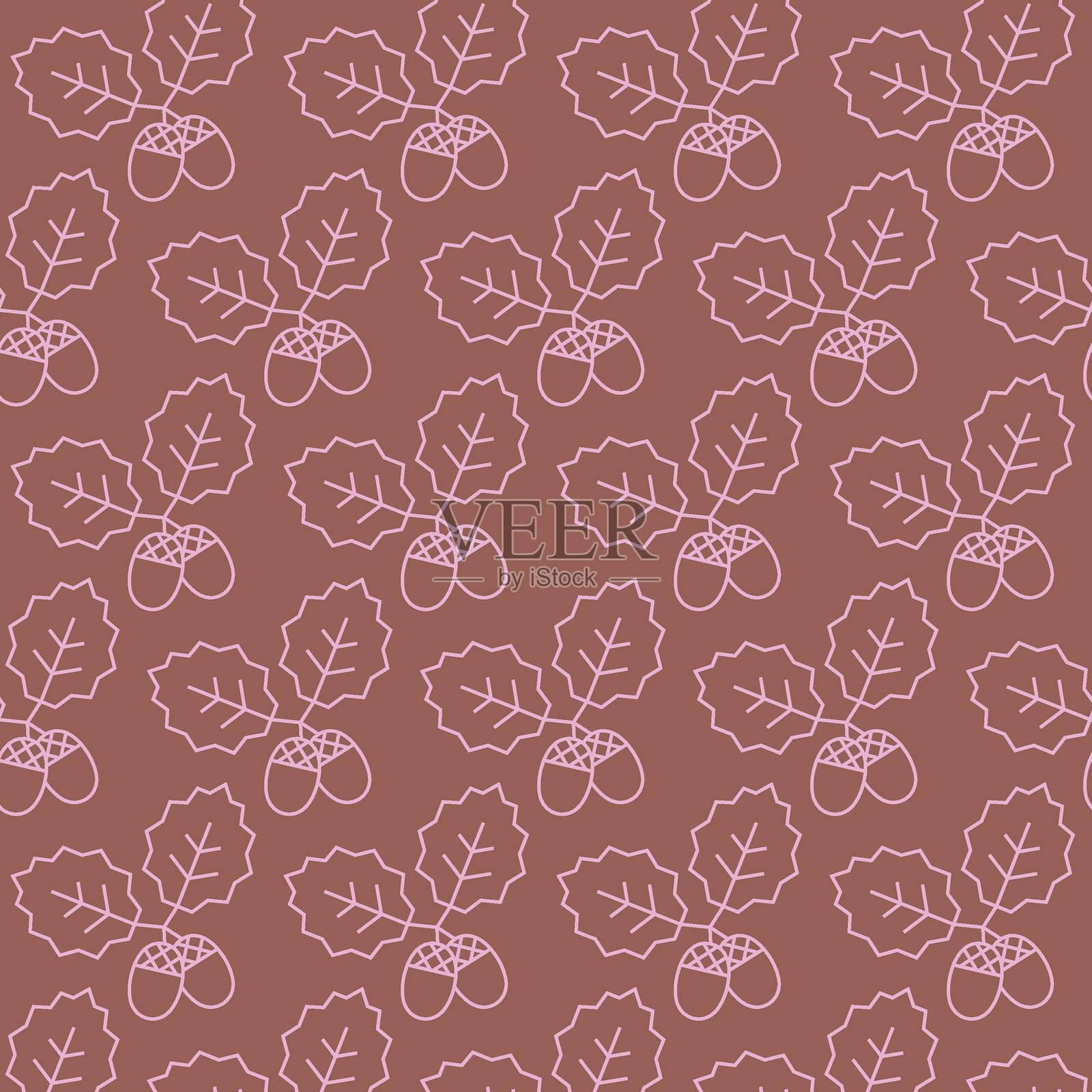 线条抽象几何橡果与叶子的无缝图案。可爱的秋季现代时尚背景。插画图片素材