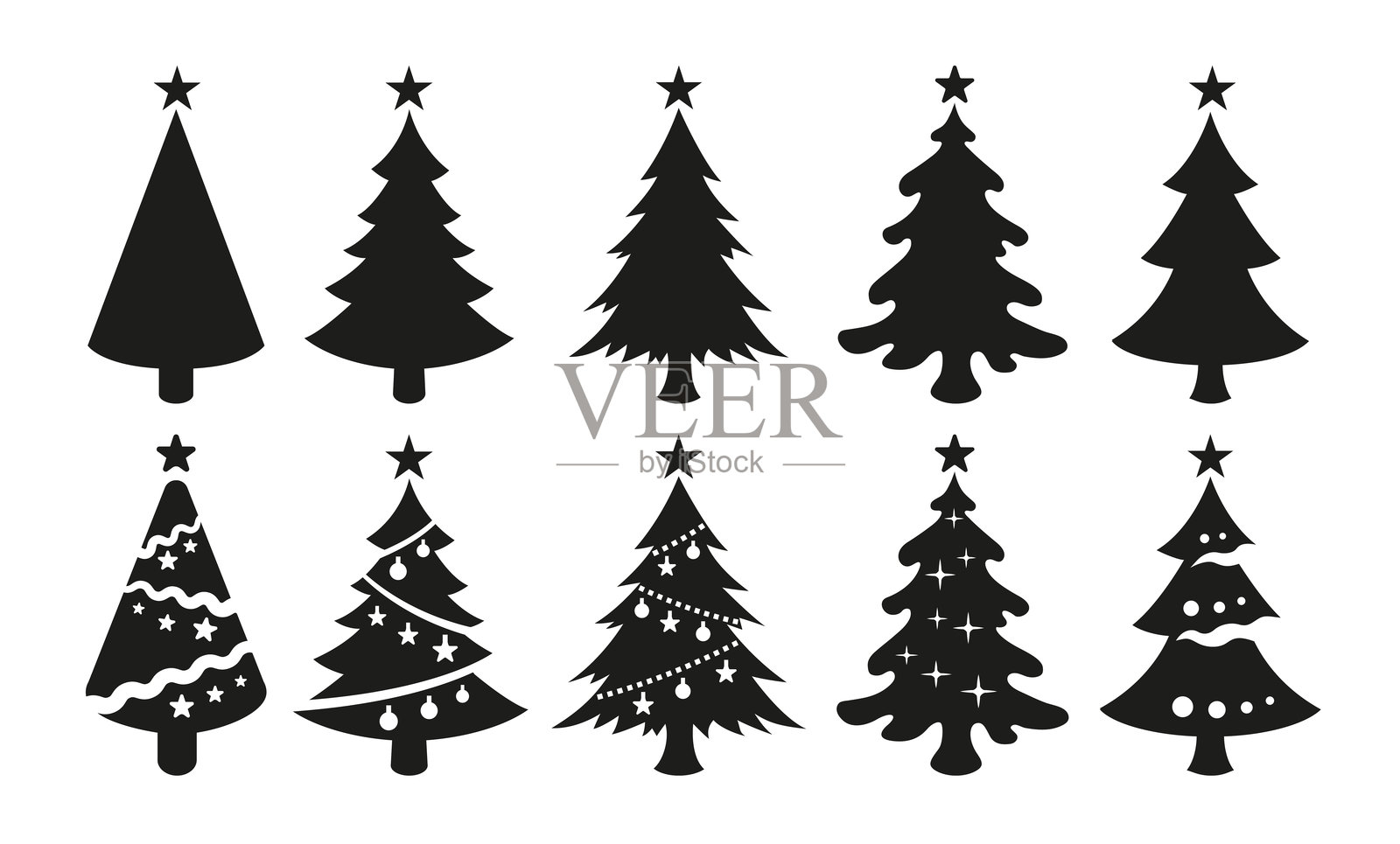 白色背景上的圣诞树图标。黑色矢量剪影的圣诞树，顶部有星星。插画图片素材