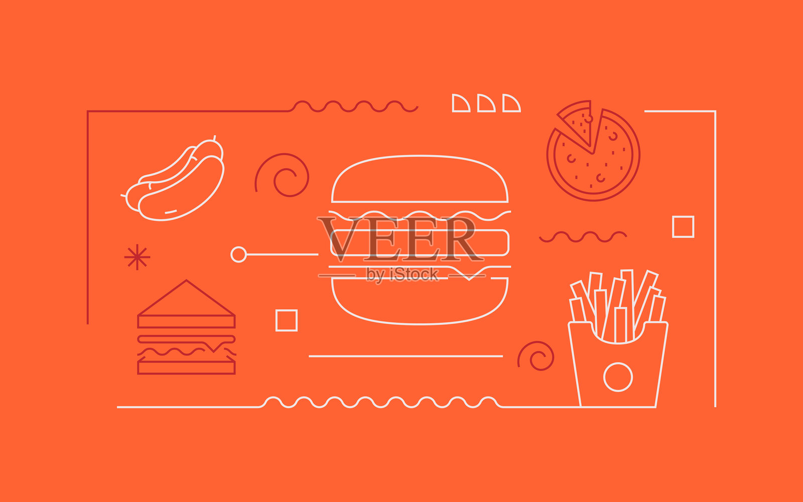 快餐相关的矢量插图：汉堡、芝士汉堡、面条、热狗、三明治、比萨饼插画图片素材