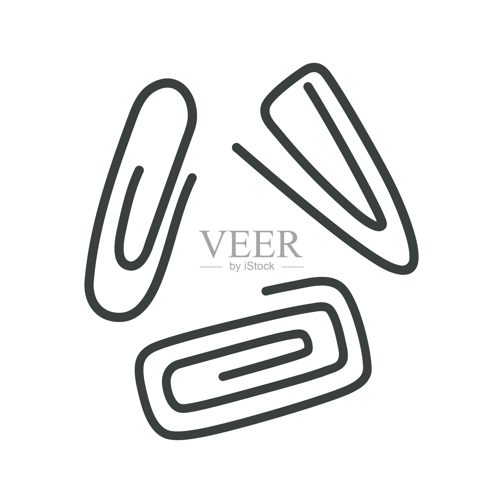 金属或塑料回形针，矢量套装。黑色纸夹用于纸张、文件、笔记。适用于学校和办公室的文具。手绘三角形和椭圆形夹子。简单涂鸦，平面剪贴画，独立于白色背景。插画图片素材