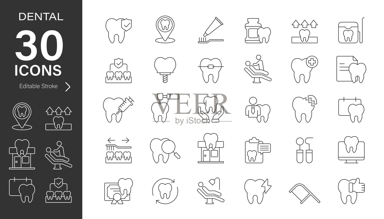 牙科线条矢量图标集。像素完美。可编辑的线条。库存插图。图标符号，牙科设备，牙科植入物，牙齿插画图片素材