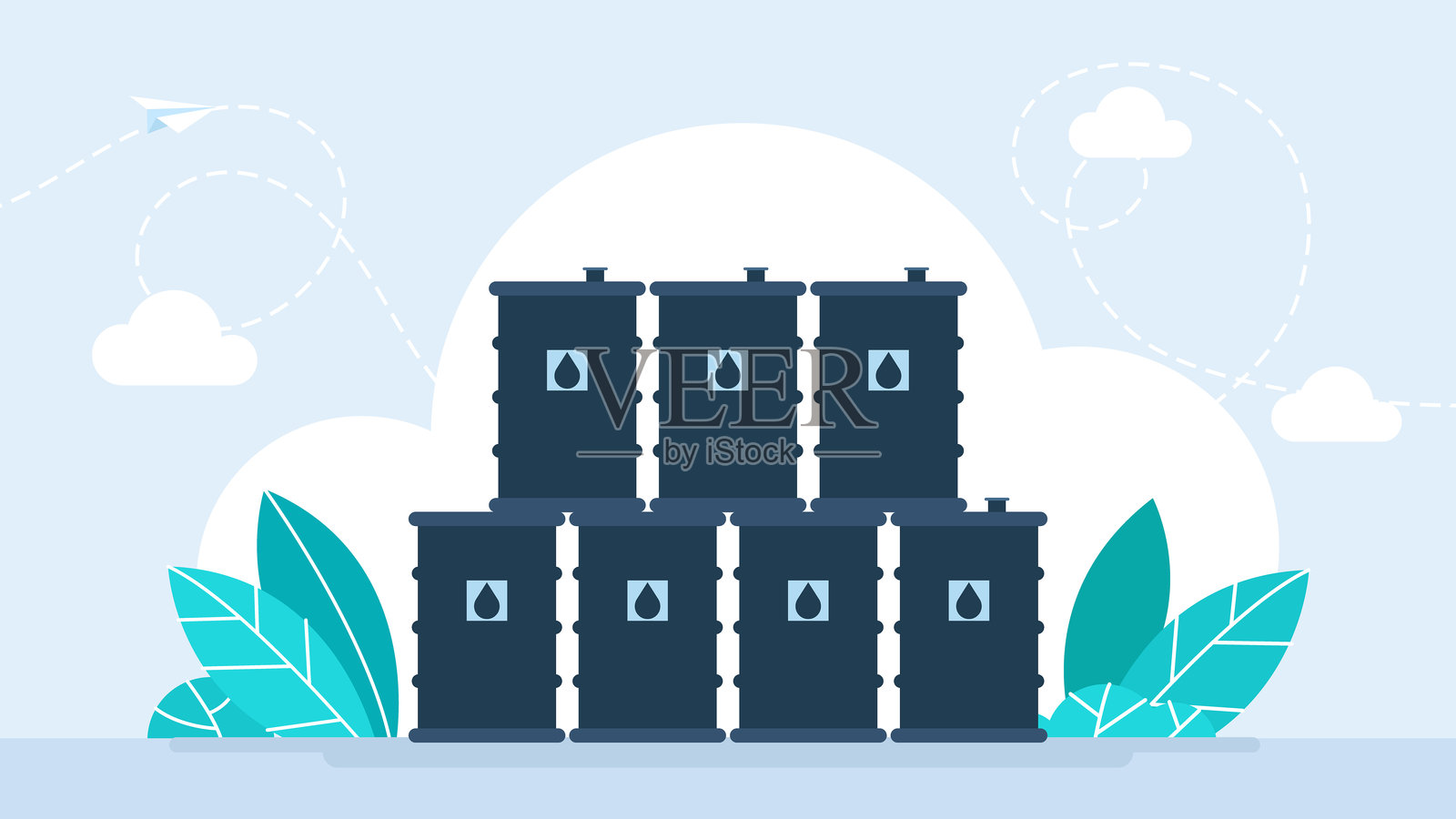 油桶仓库。水力压裂提取生产油桶石油。黑色简单金属油、燃料、汽油桶组，独立于白色背景。正面视图。平面插图。插画图片素材