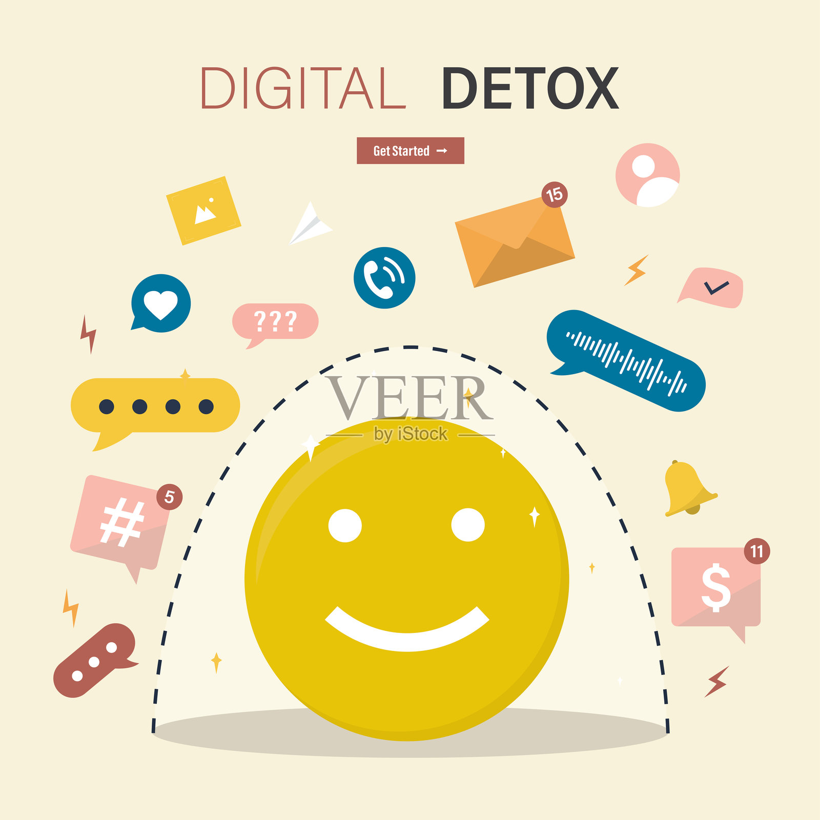 积极思考和良好心情，无需电子设备和社交网络。关闭智能设备，进行数字排毒。不使用手机。摆脱互联网的自由与保护。插画图片素材