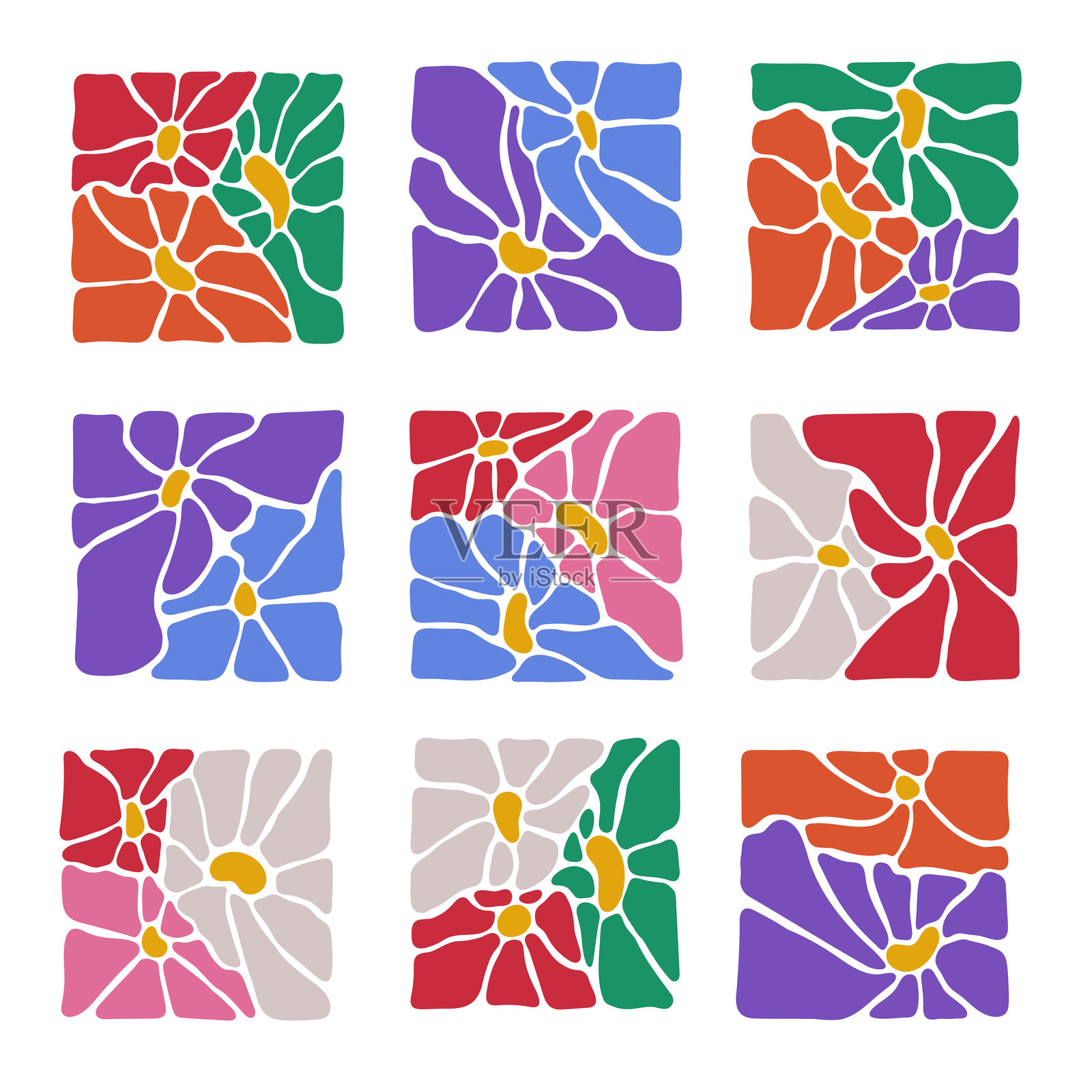 生动的方形瓷砖展示复古花卉图案，装饰性抽象花卉的集合，色彩鲜艳。插画图片素材
