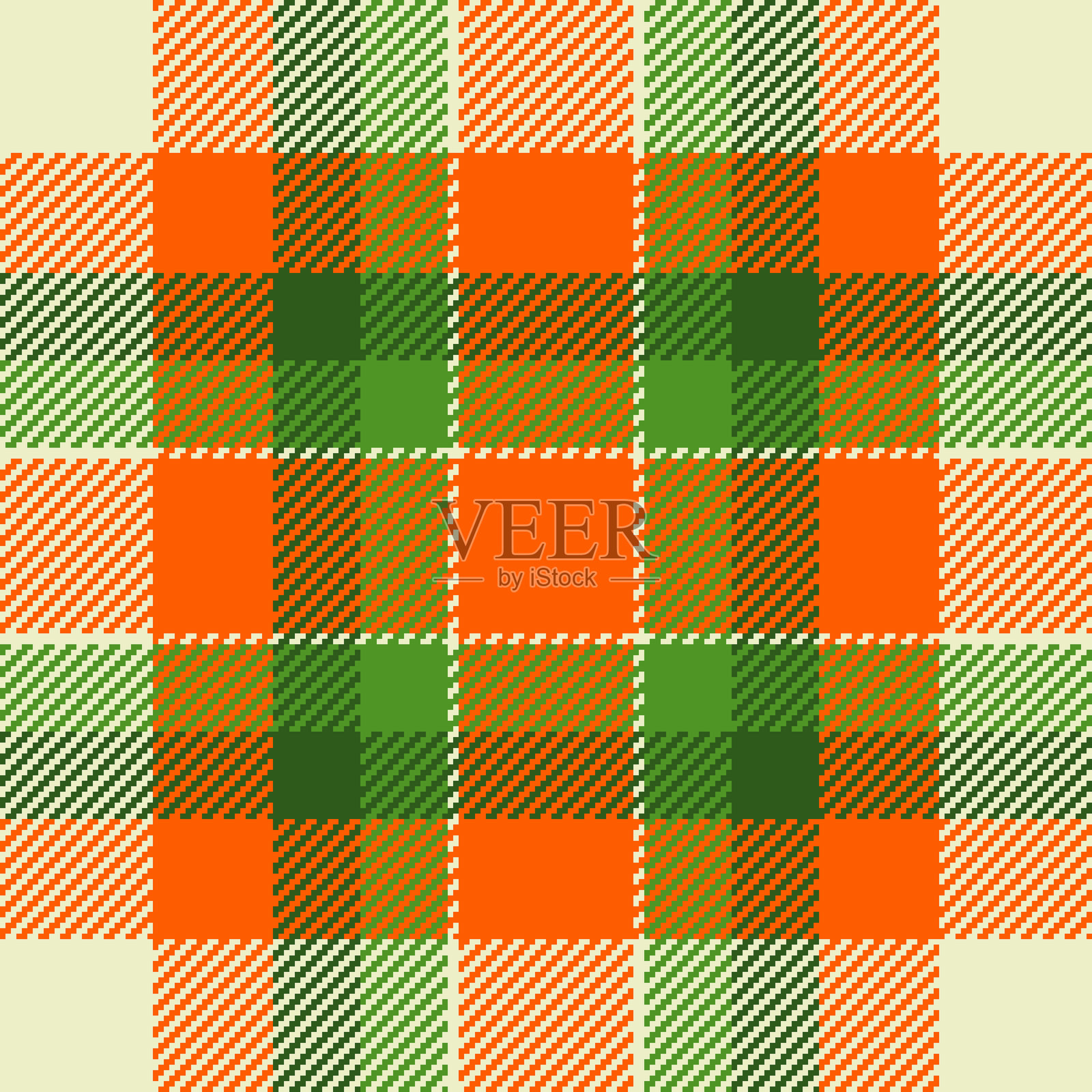 无缝格子图案。鲜艳的橙色和绿色形成了一个有质感的复古面料设计。非常适合背景、纺织品和节日主题。多功能的装饰元素。插画图片素材