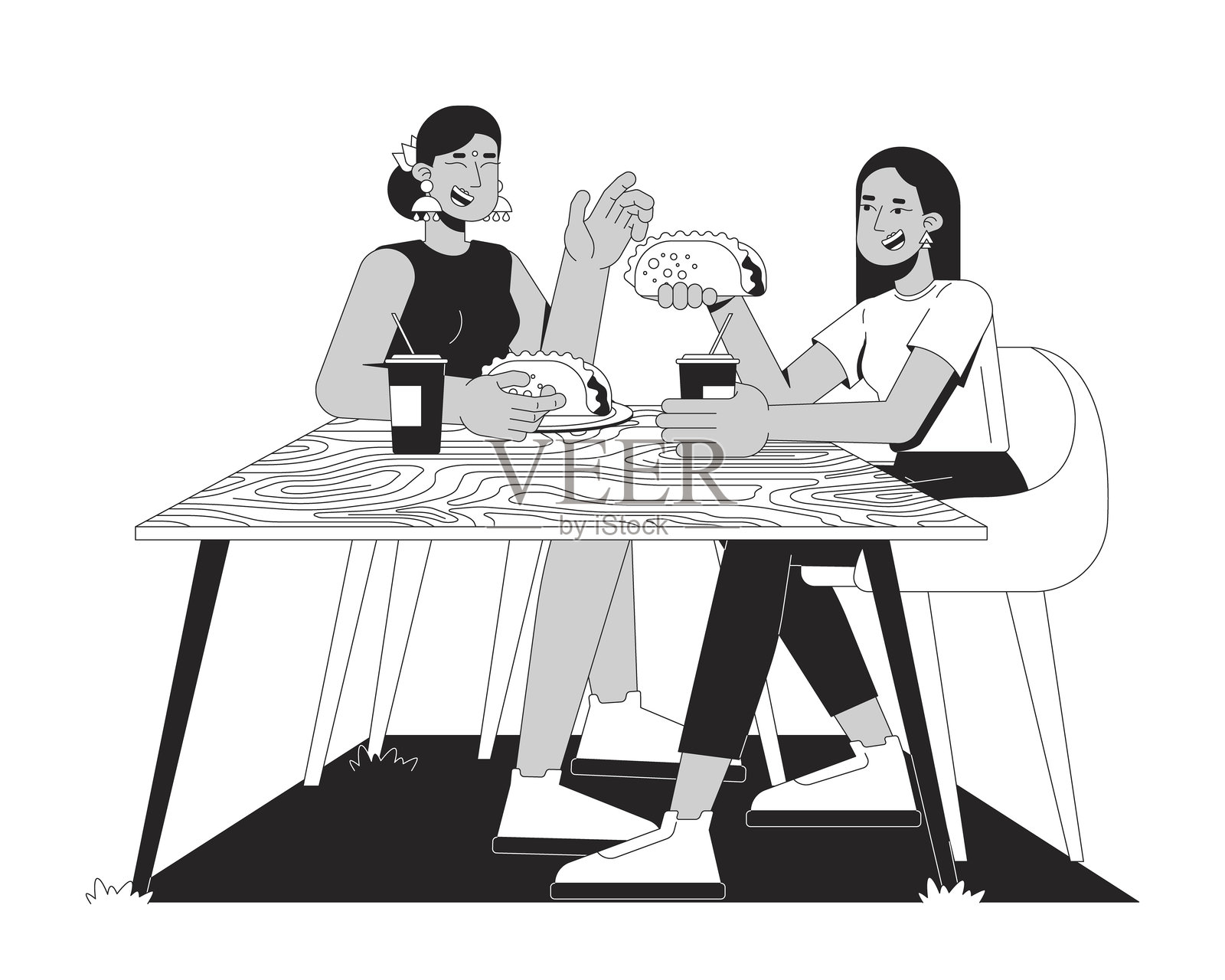 多元化女孩朋友们在木桌上享受塔可和饮料，2D线条角色插画图片素材