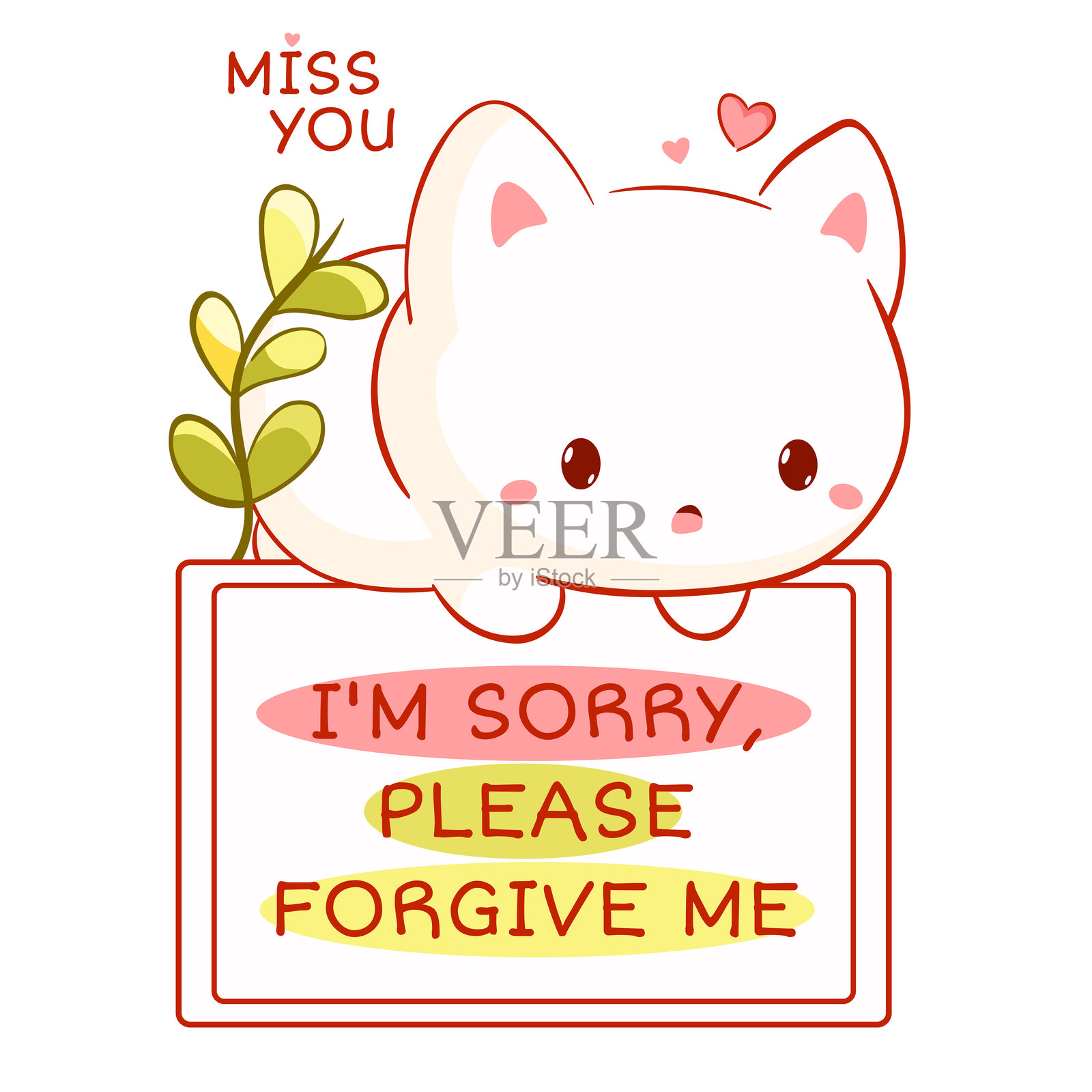 带有伤心小猫的道歉卡。文字内容为“对不起，请原谅我”。一只可爱的小猫在道歉。矢量插图 EPS8插画图片素材