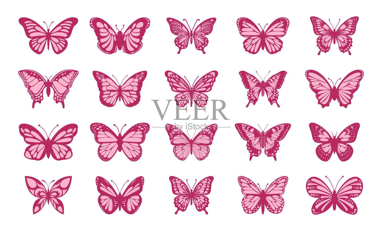 五彩斑斓的蝴蝶合集。五彩蝴蝶套装。矢量插图插画图片素材