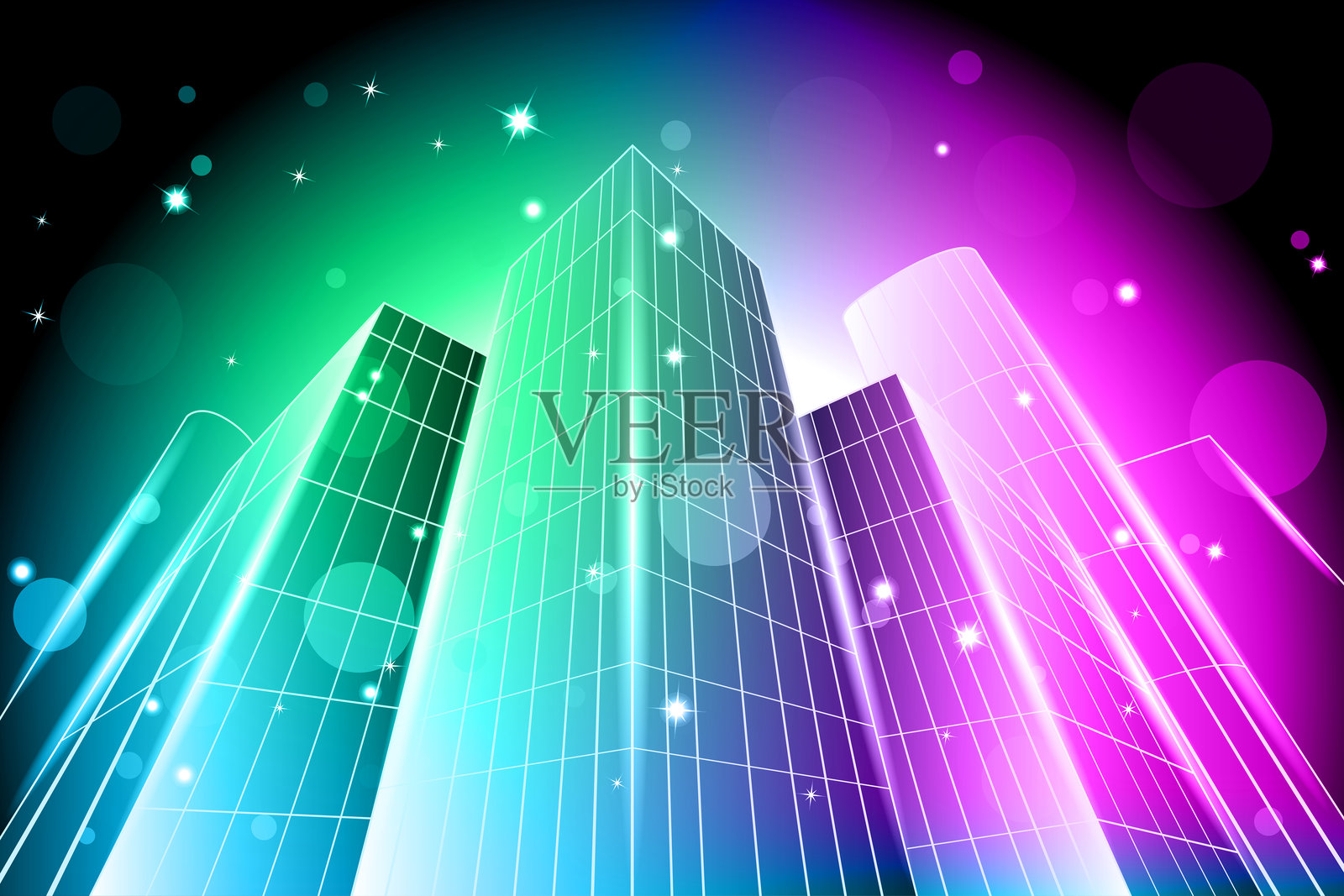 霓虹摩天大楼与火花插画图片素材