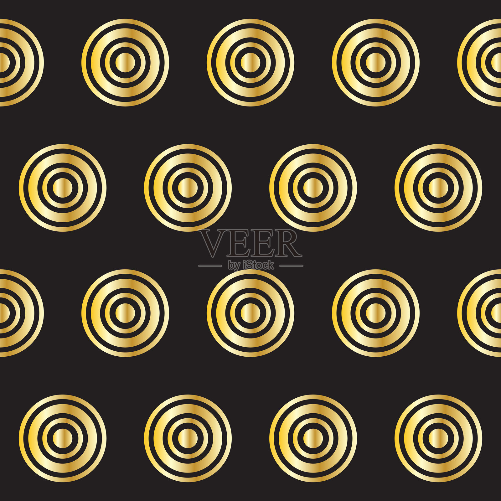 金色圆形无缝图案。复古金色渐变纺织纹理圆形几何形状。复古风格的面料装饰元素轮廓。金色框按钮形状符号。插画图片素材