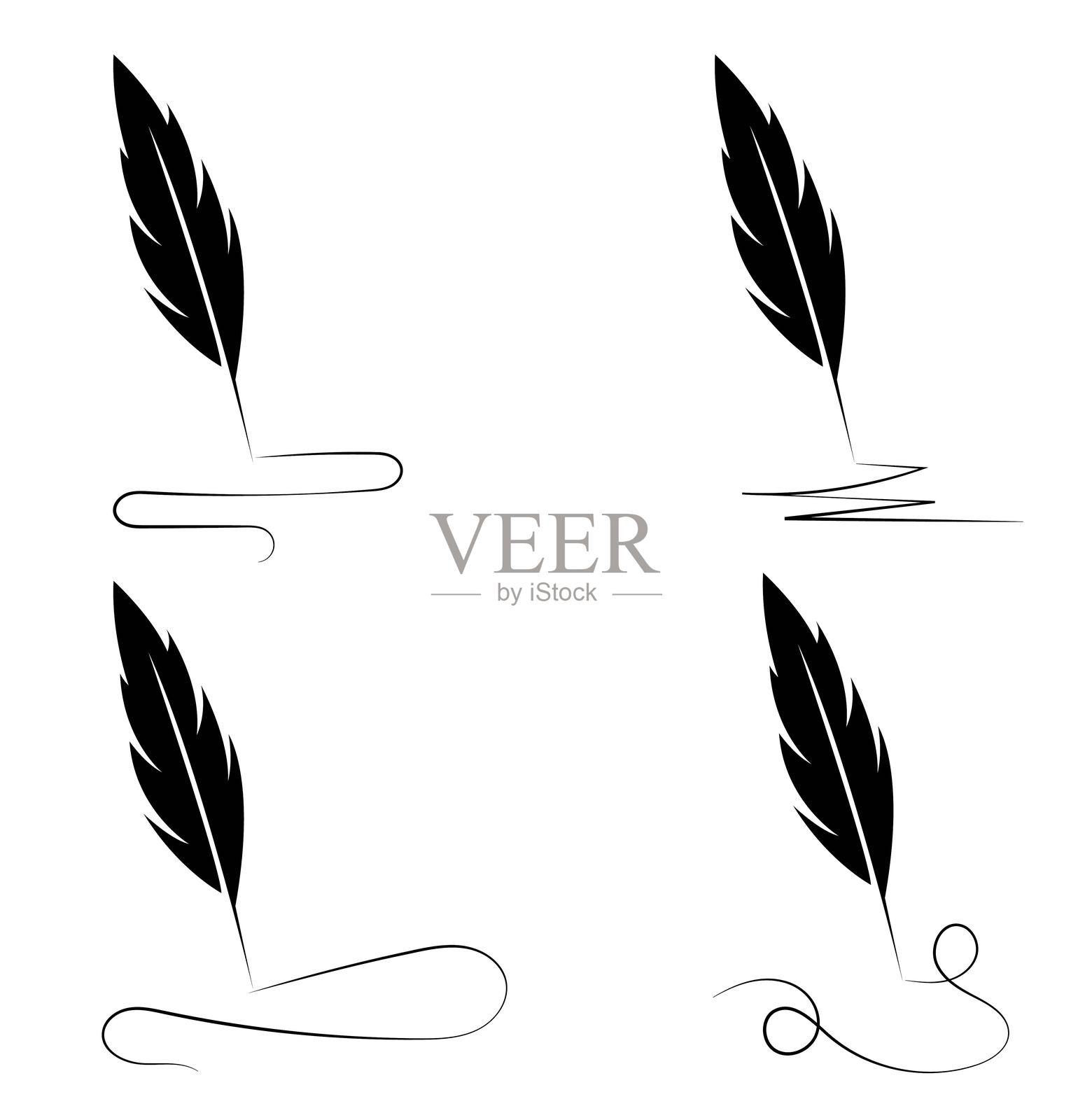 孤立在白色背景上的羽毛笔与墨水涂鸦套装插画图片素材