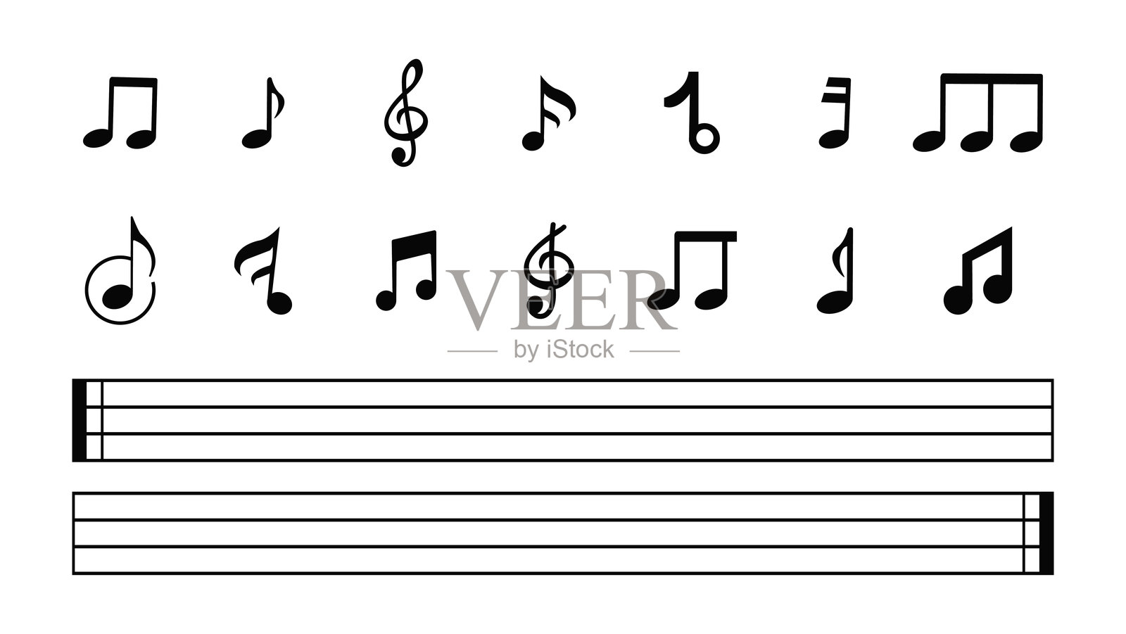 一大套音乐音符。音乐符号。黑色音乐音符图标。音乐元素。扁平设计。矢量插图。插画图片素材