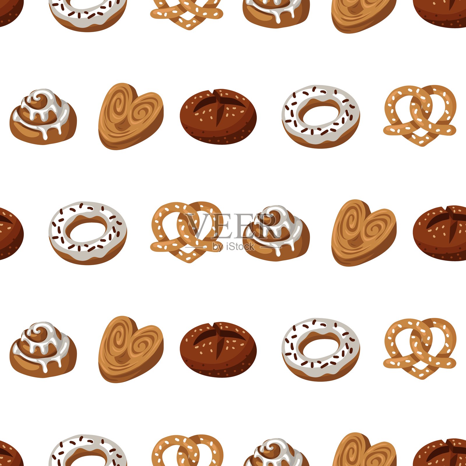 色彩斑斓的烘焙产品图案，自然的烘焙插图排列在一起。自然色调。美味的甜点由不同类型的面团制成。适合咖啡馆和面包店的烘焙。插画图片素材