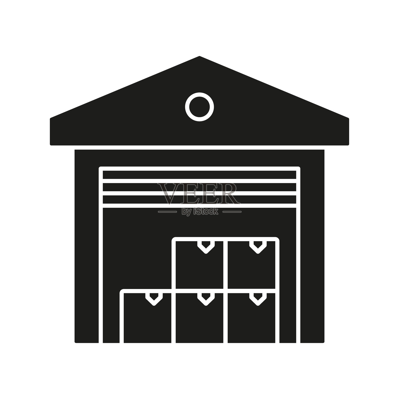 仓库与箱子的实心图标。存储设施、库存管理和物流轮廓符号。高效的供应链运营。孤立的矢量插图。插画图片素材