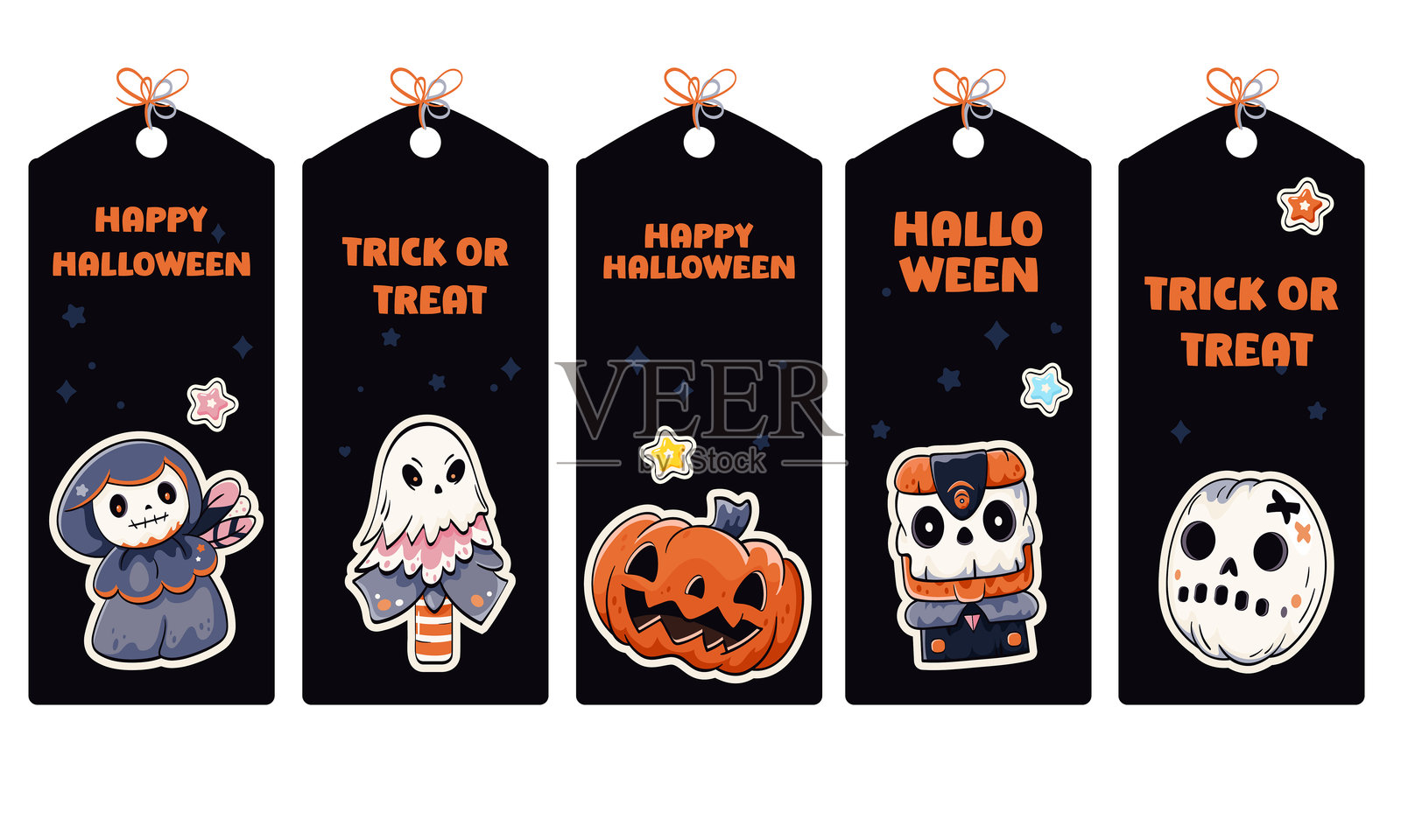 一套引人注目的万圣节卡通风格贴纸。可爱的万圣节卡片、横幅、背景、传单集合，包含怪物元素。节日礼品标签、标签、海报模板的集合。矢量EPS8插画图片素材