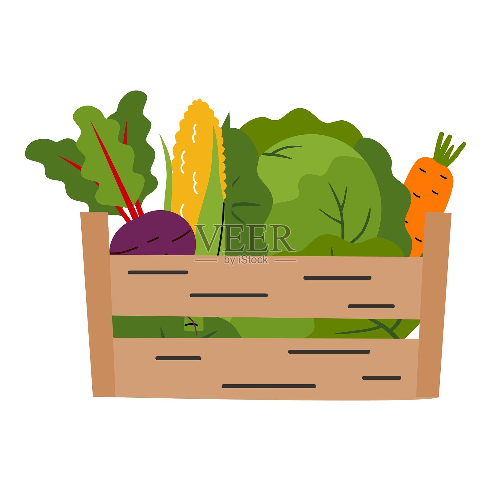 装有蔬菜的木箱。袋子里的健康食品。购买有机产品。拒绝塑料。收获。生态概念。矢量平面插图。插画图片素材