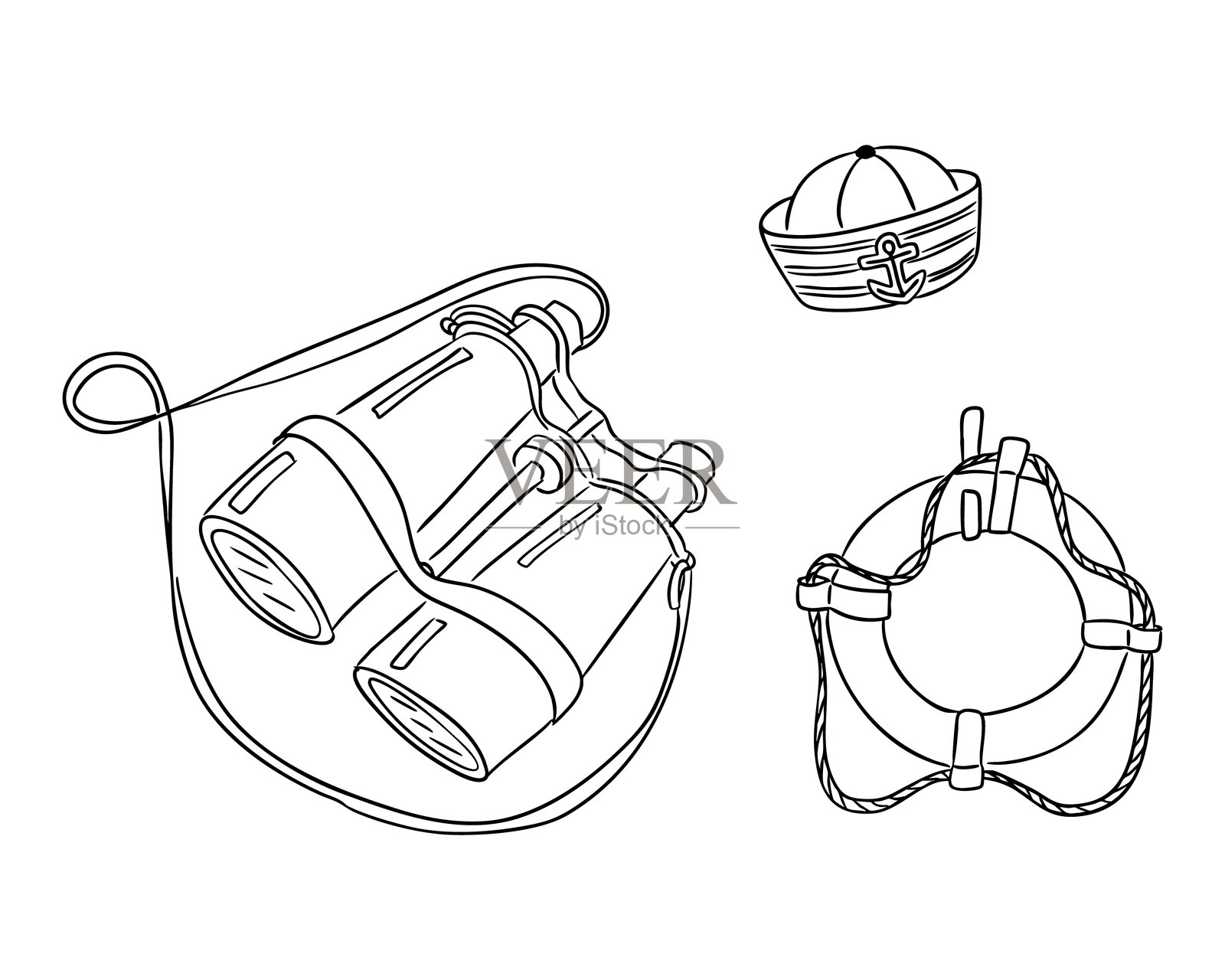 简单黑线绘制的望远镜、水手帽和救生圈，背景为白色。插画图片素材