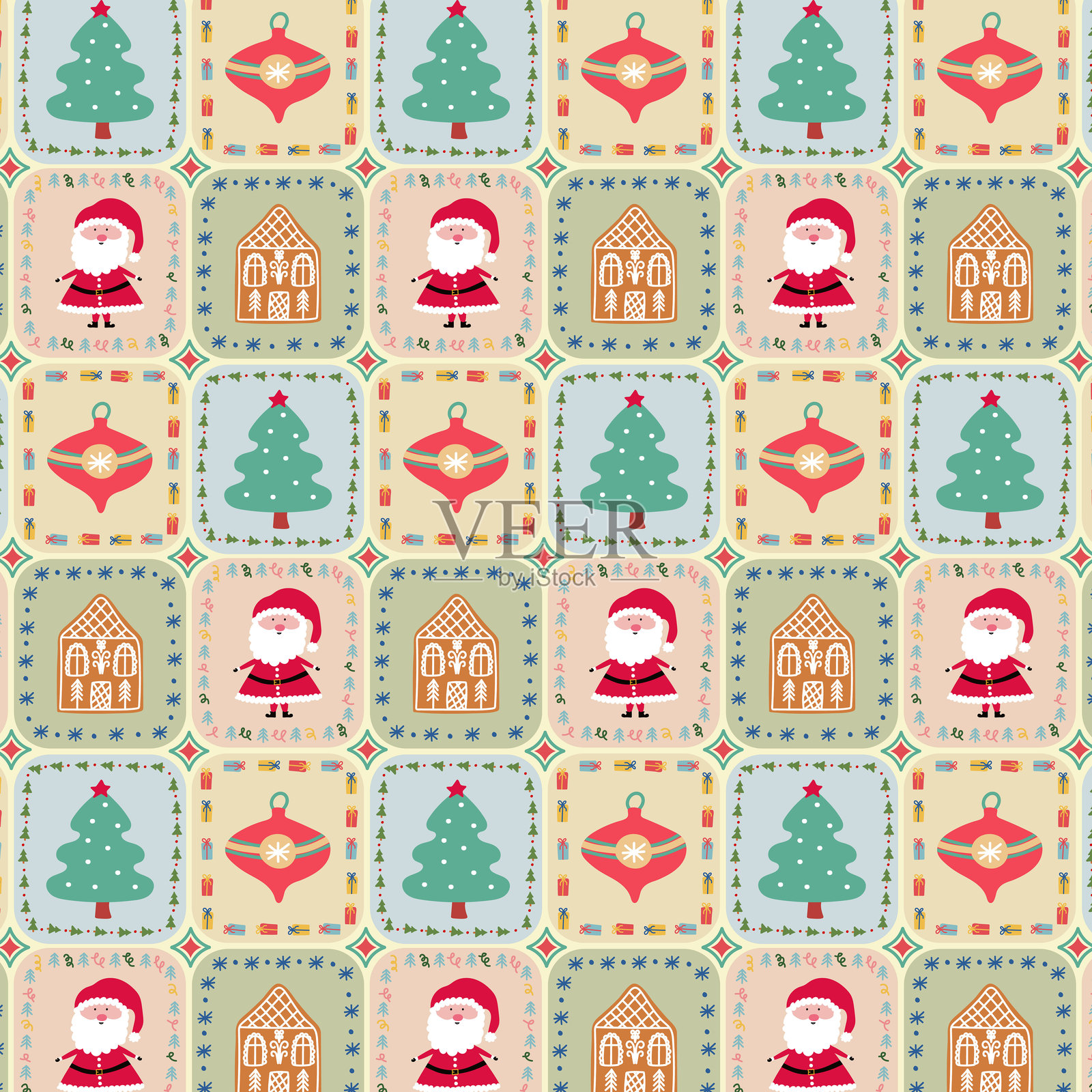 包含圣诞插图的图案，特色有圣诞老人、姜饼屋、圣诞树和装饰品。插画图片素材