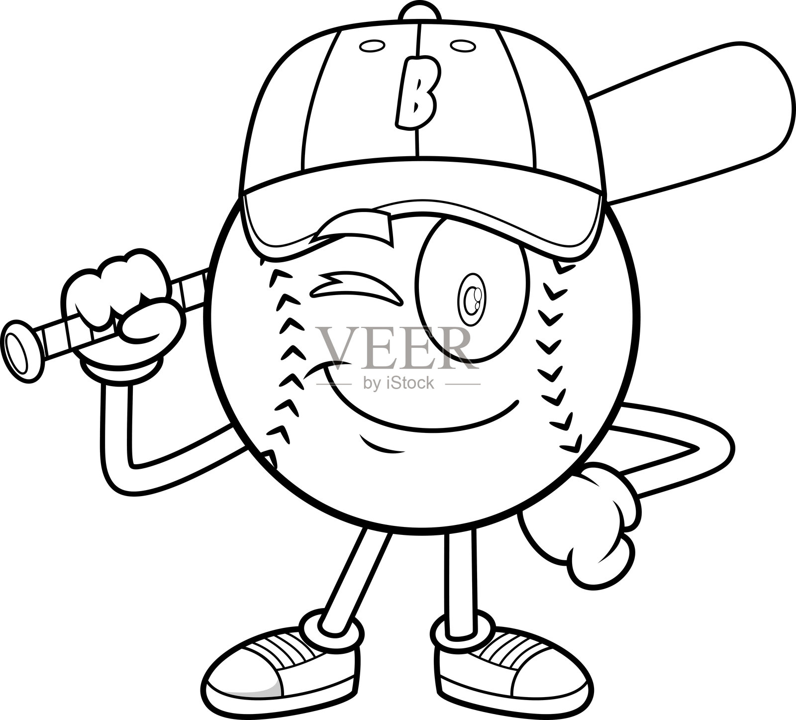 棒球卡通吉祥物角色眨眼并将球棒搭在肩上插画图片素材