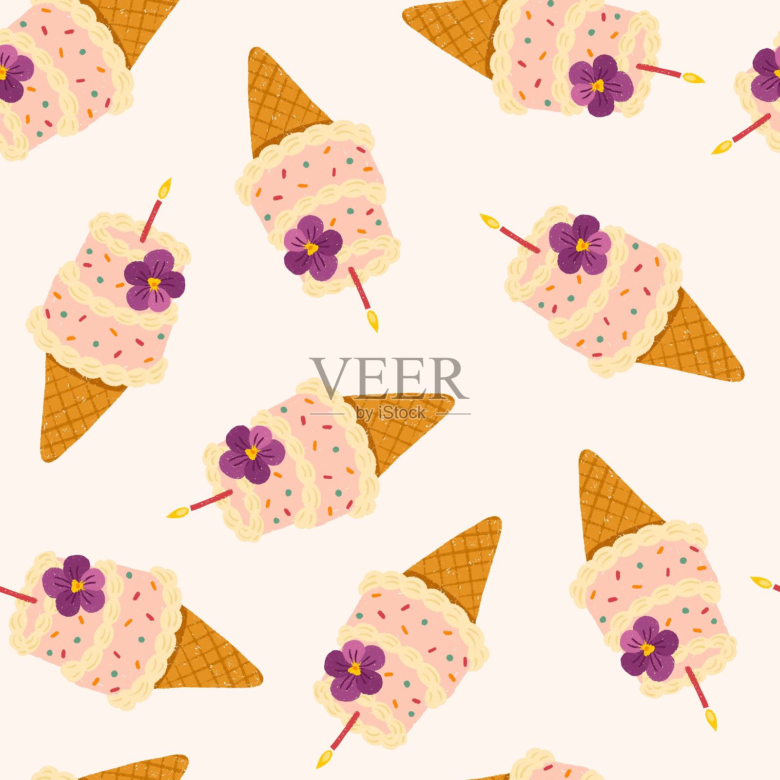 可爱的手绘矢量无缝图案，包含生日迷你蛋糕冰淇淋甜筒、紫罗兰花、蜡烛和柔和的糖霜。受韩国启发的便当烘焙时尚设计。插画图片素材